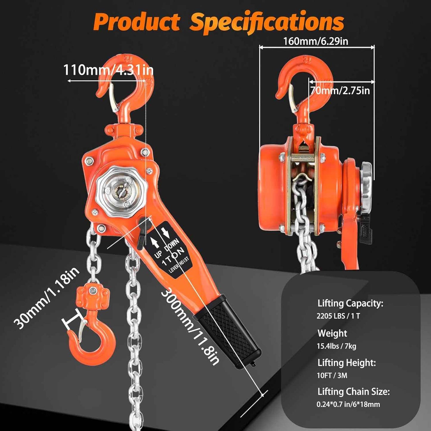 1 Ton Lever Chain Hoist - 10FT Manual Ratchet Puller with 2 Hooks for Garage & Warehouse