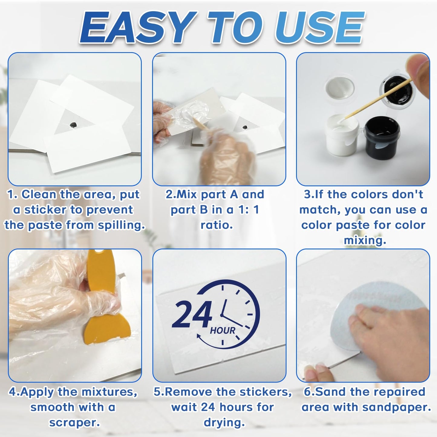 Porcelain Repair Kit, White Tile and Bathtub Fiberglass Repair Kit for Any Cracks Chips, Quickly Repair Resin, Ceramic, Marble Shower Sink, Acrylic Quartz Countertop