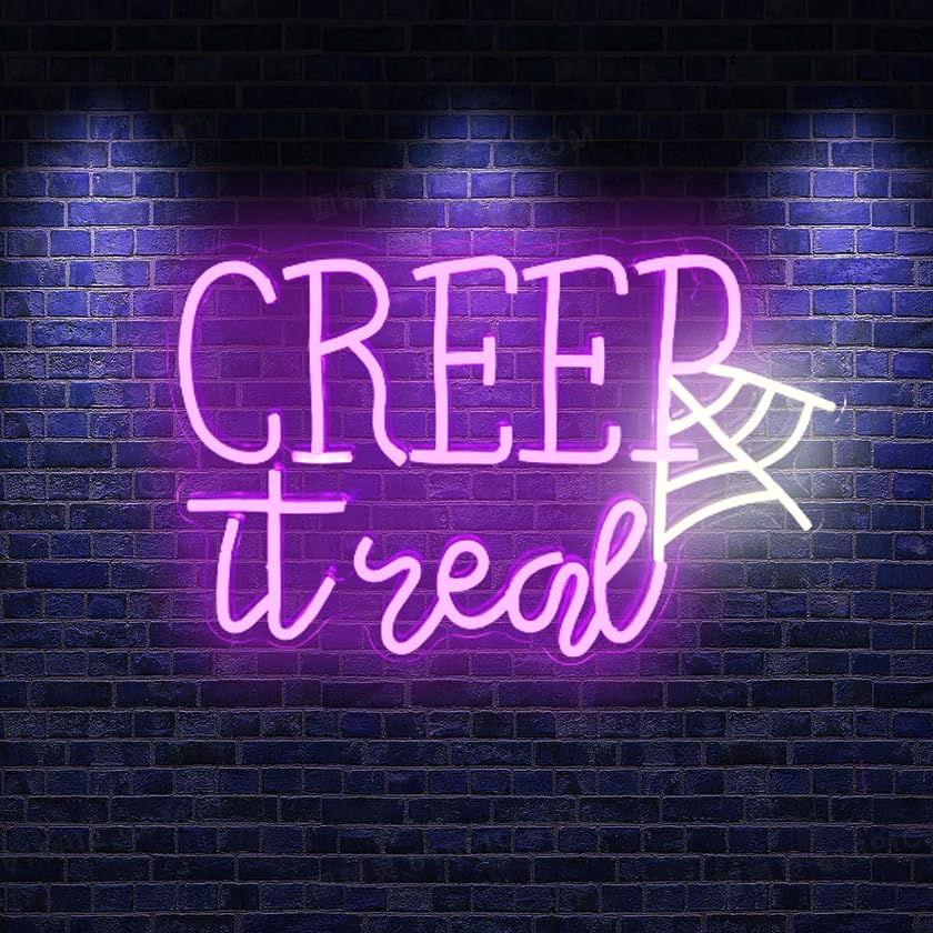Creep It Real Halloween Neon Sign with Ghost & Spider Web - Spooky Party Decor