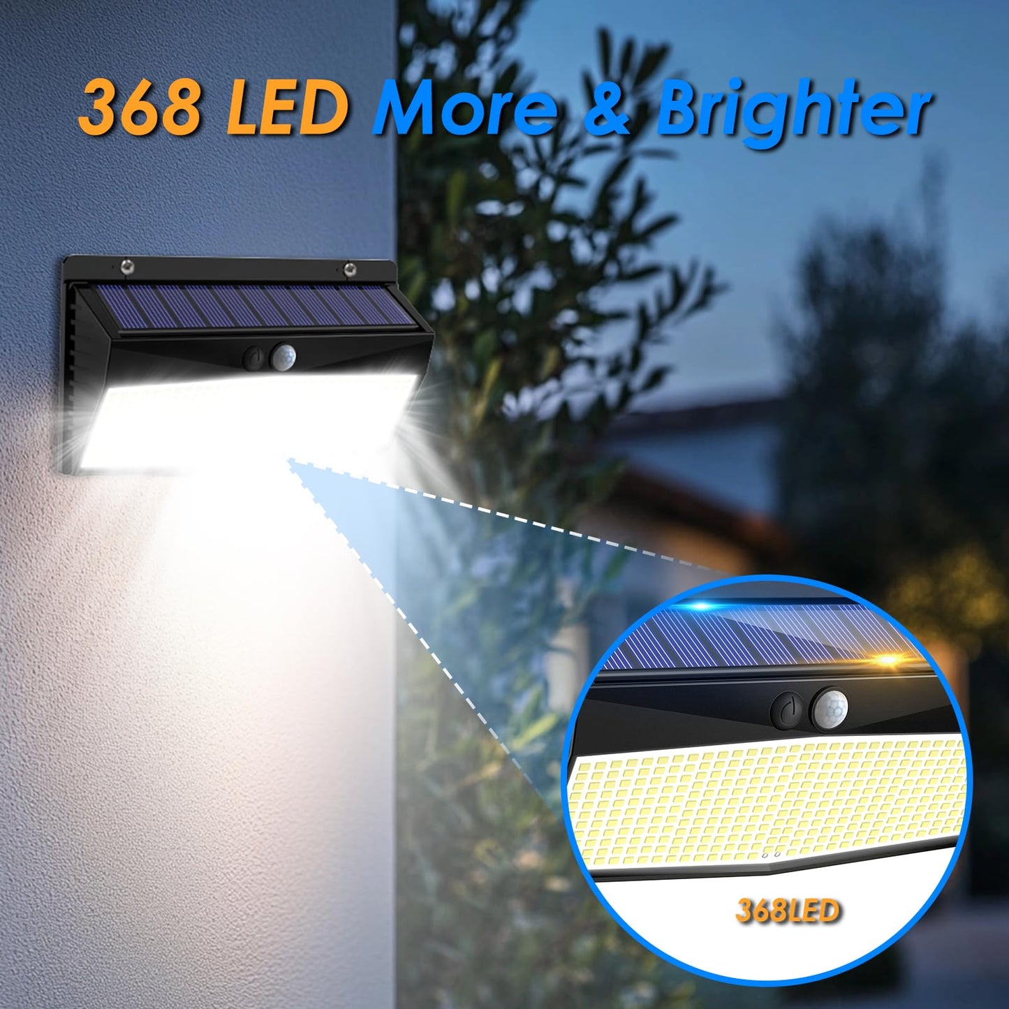 2 Pack 368 LED Solar Lights Outdoor Motion Sensor, Solar Fence Lights with 3 Lighting Modes, Solar Powered Security Lights Waterproof for Outside Yard Wall Garden Backyard Step Garage