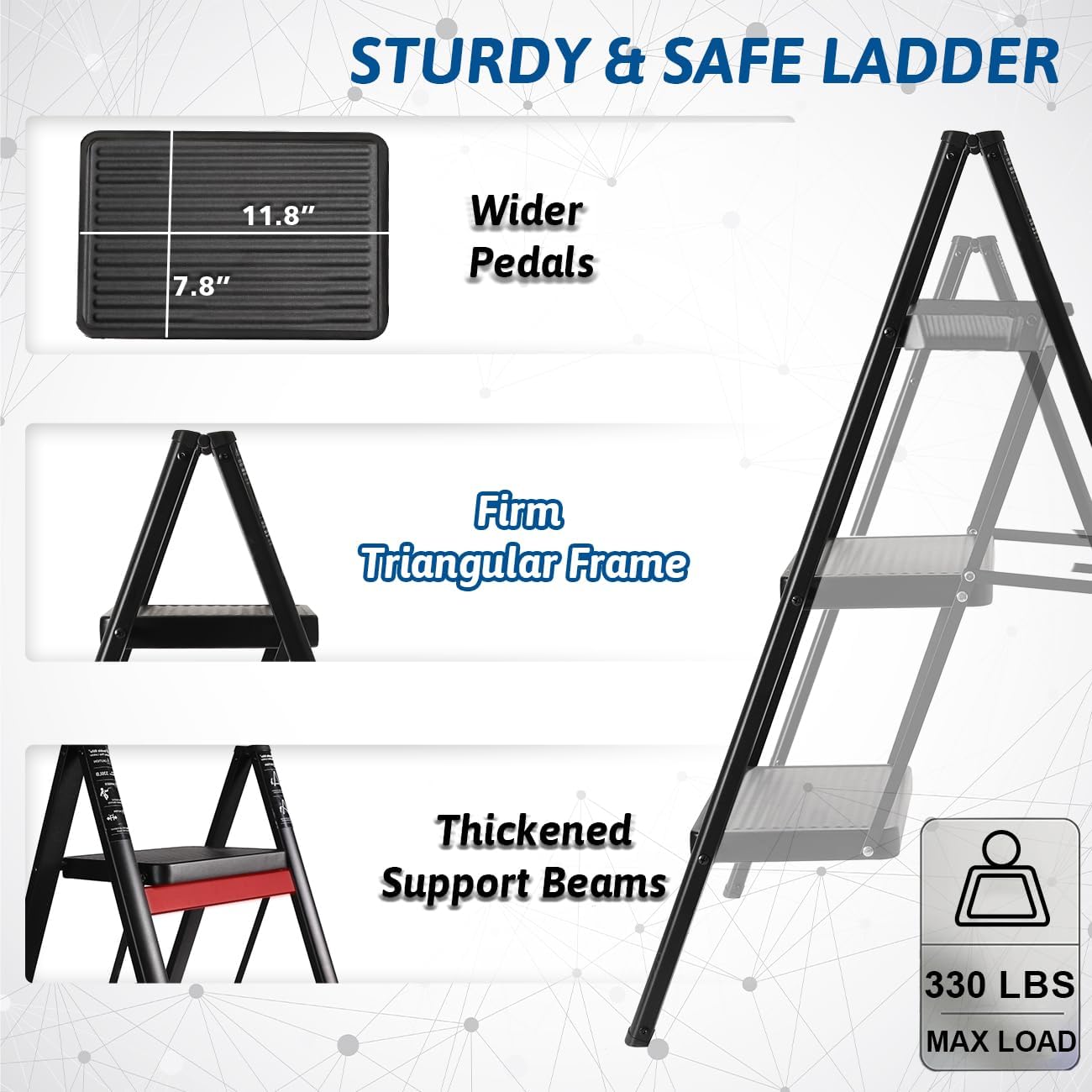 3-Step Folding Step Ladder - Sturdy 330 Lbs Capacity, Anti-Slip Pedals, Multi-Use Kitchen Stool, Black