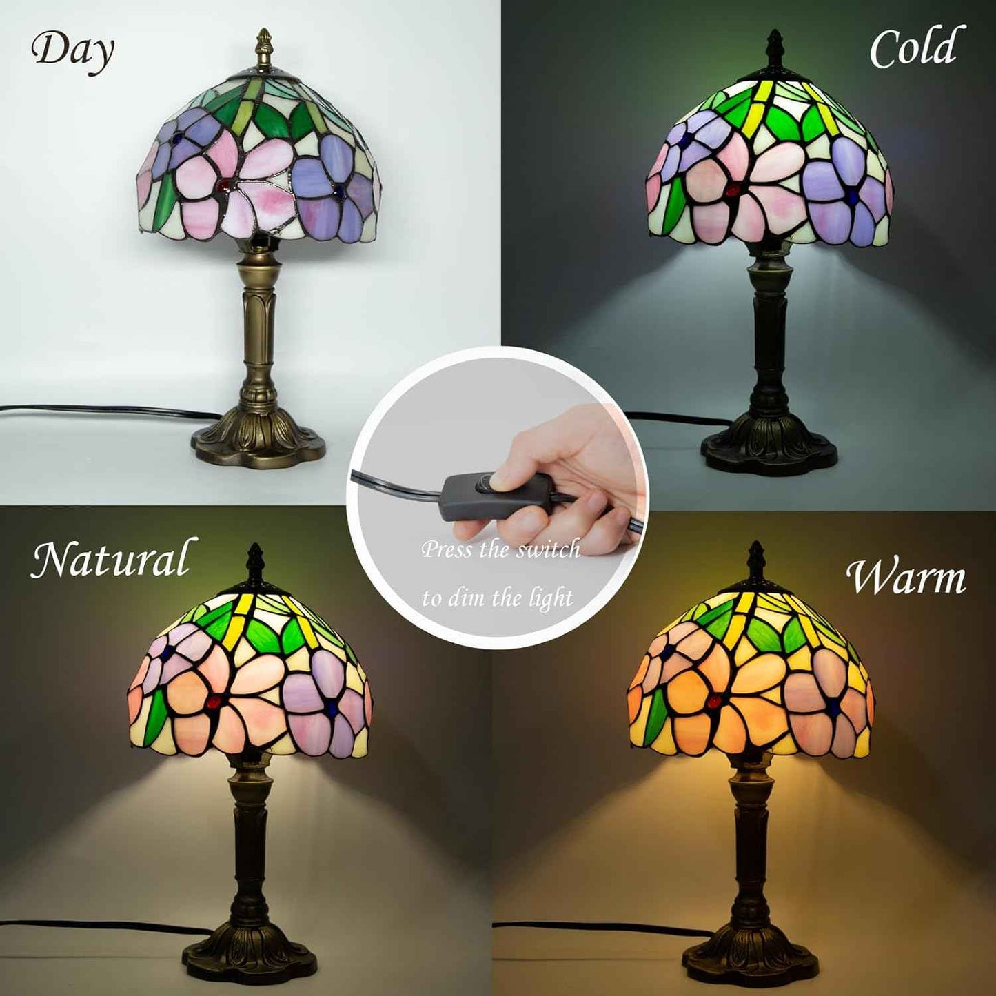Tiffany Table Lamp - 8 Inch Antique Stained Glass, 3 Color Temperatures, Handcrafted for Bedroom & Living Room