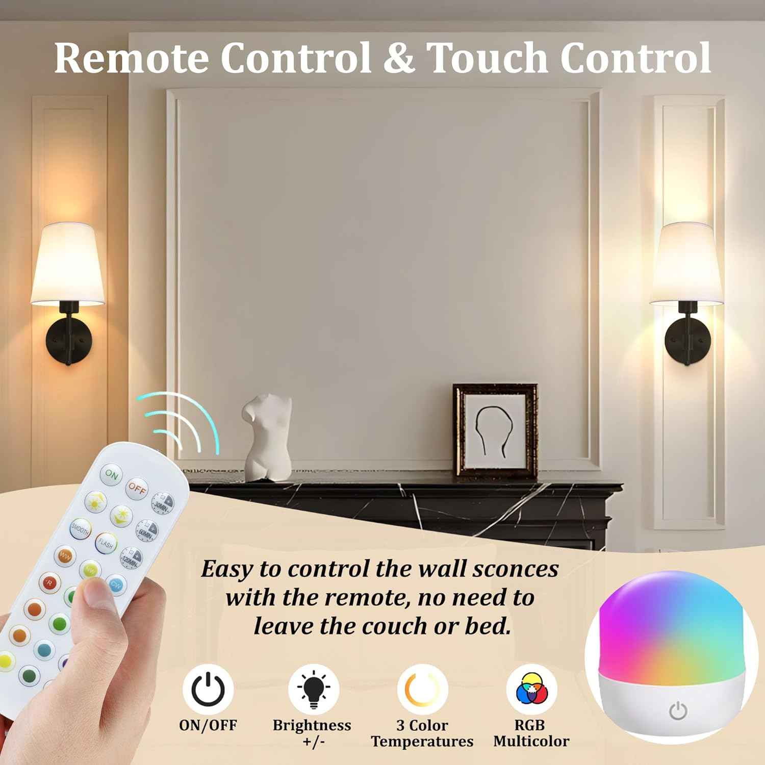 Rechargeable Gold Battery Operated Wall Sconces Set of 2 with Remote & RGB Bulbs