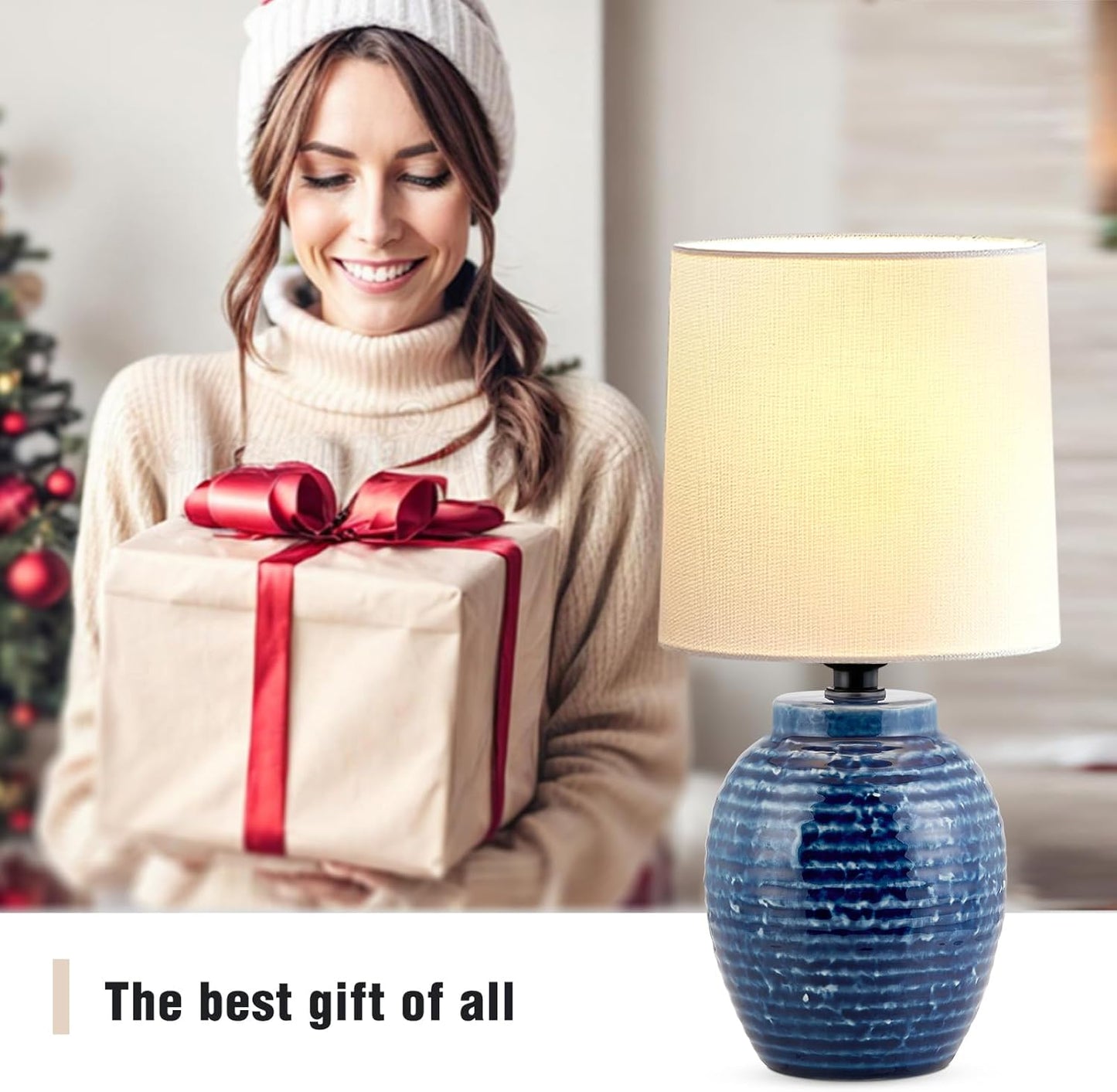 Boho Table Lamps Set of 2 - 13.5" Rustic Ceramic Bedside Lamps for Bedroom & Living Room