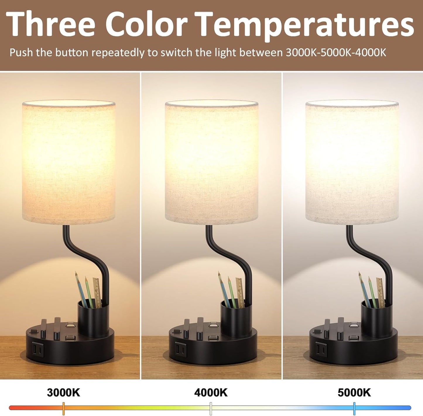 Set of 2 Bedside Table Lamps with USB & AC Outlet - 3 Color Temperatures, Desk Light & Phone Stand for Bedroom, Living Room, Office