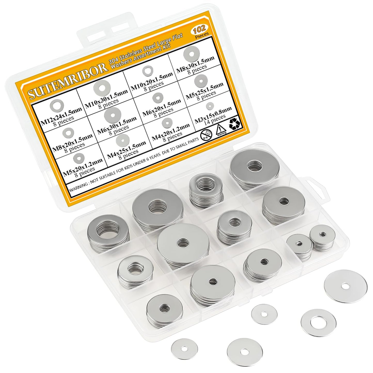 Sutemribor 102 Pieces Stainless Steel Fender Washers, Flat Washers, Metal Washers for Screws Bolts, Fender Washers Assortment Kit, Assorted Washers Set (M3 M4 M5 M6 M8 M10 M12)