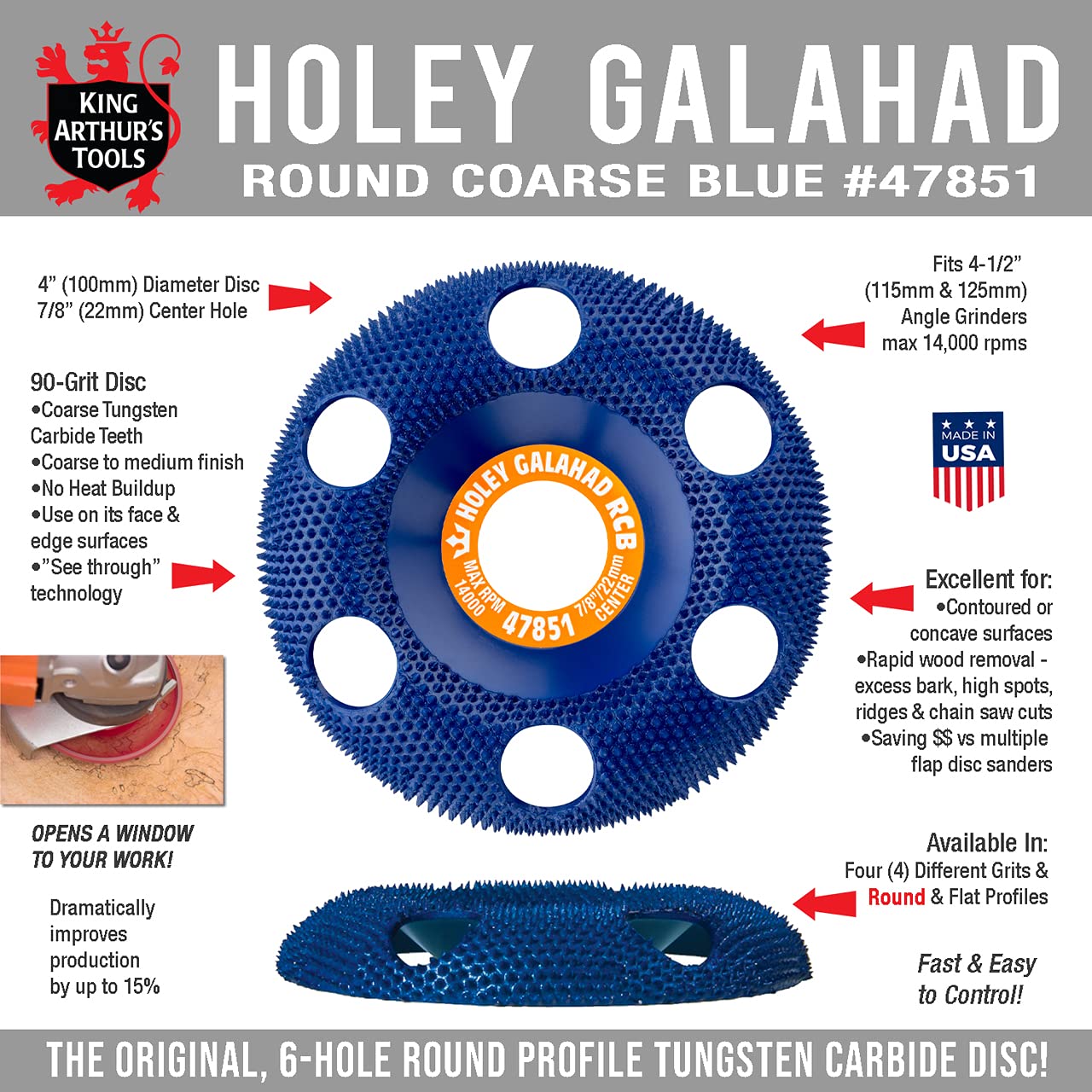 King Arthur's Tools Original and Patented Round Coarse Blue Holey Galahad Tungsten Carbide Disc for Woodworking, Shaping, and Smoothing - Fits most Standard 4 1/2", 115-125mm Angle Grinders #47851 RCB