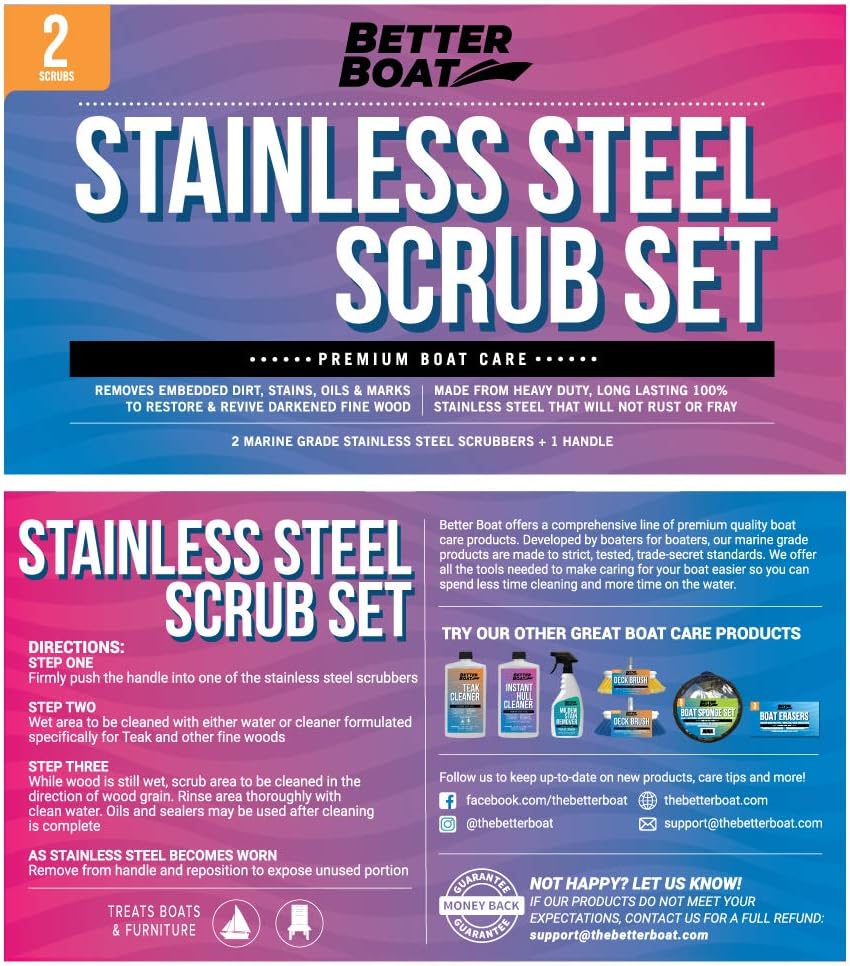 Regine Stainless Steel Scrubber Set - Heavy Duty Marine Grade Steel Wool Pads with Brush Handle for Kitchen & Outdoor Cleaning