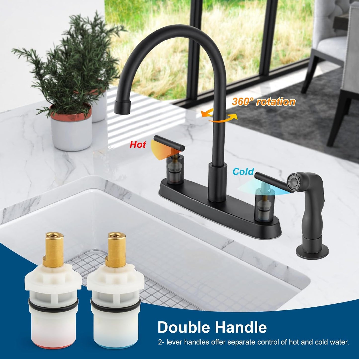 Brushed Nickel Kitchen Faucet with 360° Rotating Spout & Side Sprayer - 2 Handle, 8 Inch Centerset