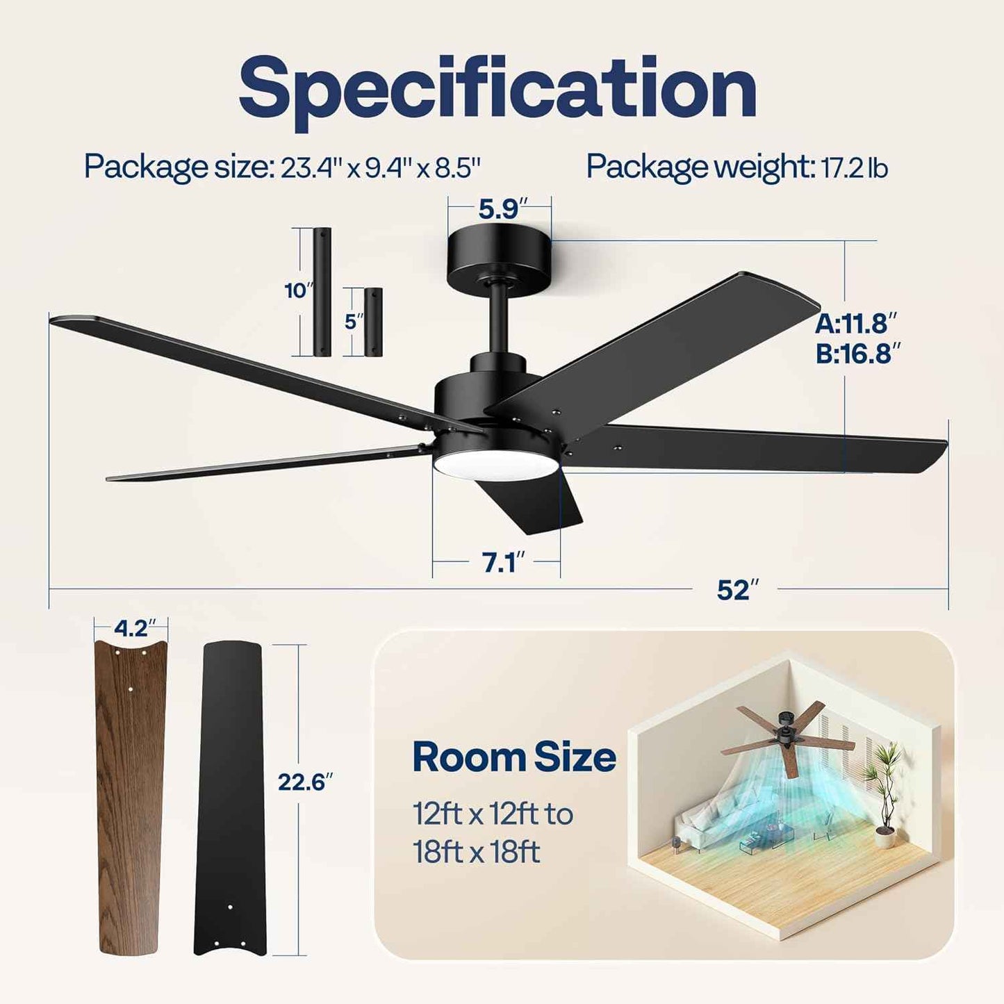 42-Inch VIVOHOME Low Profile Ceiling Fan with Lights & Remote - Dimmable, Quiet, Reversible for Bedroom & Living Room