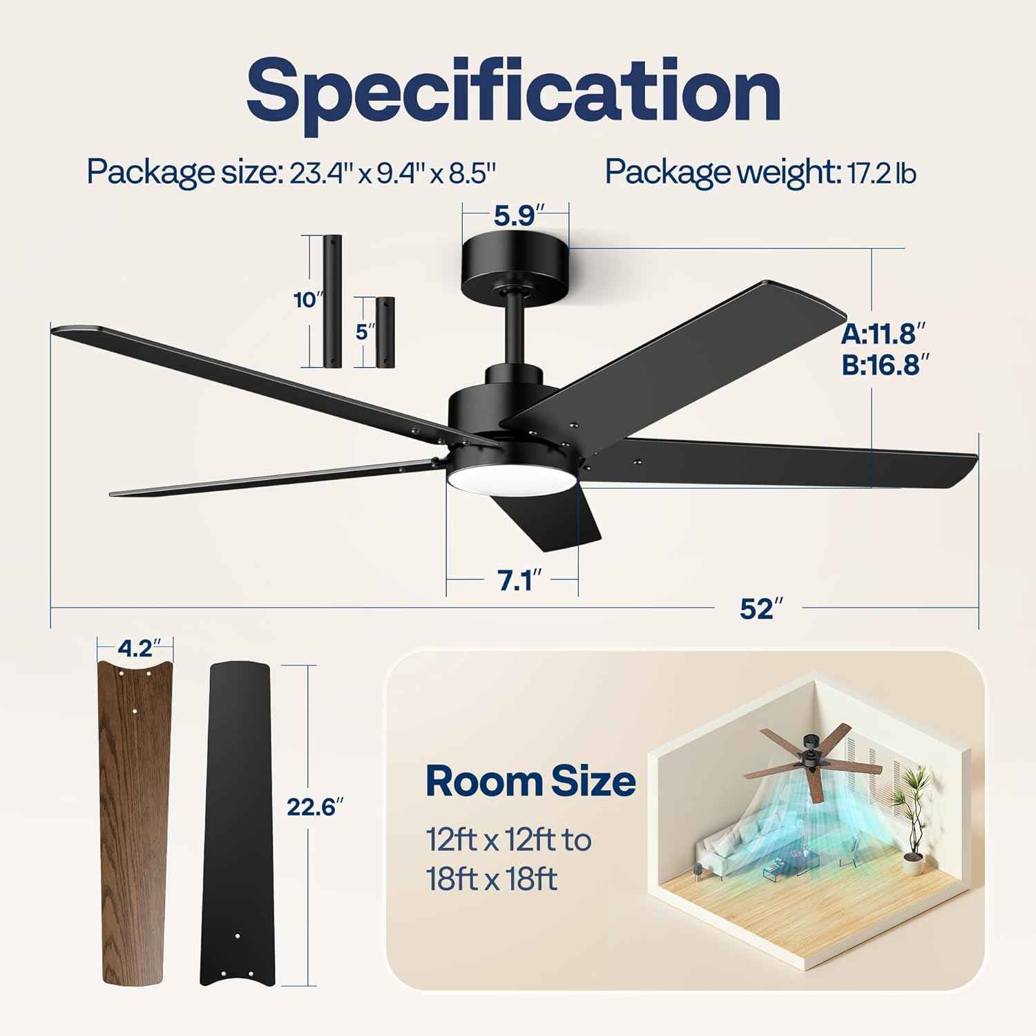 42-Inch VIVOHOME Low Profile Ceiling Fan with Lights & Remote - Dimmable, Quiet, Reversible for Bedroom & Living Room
