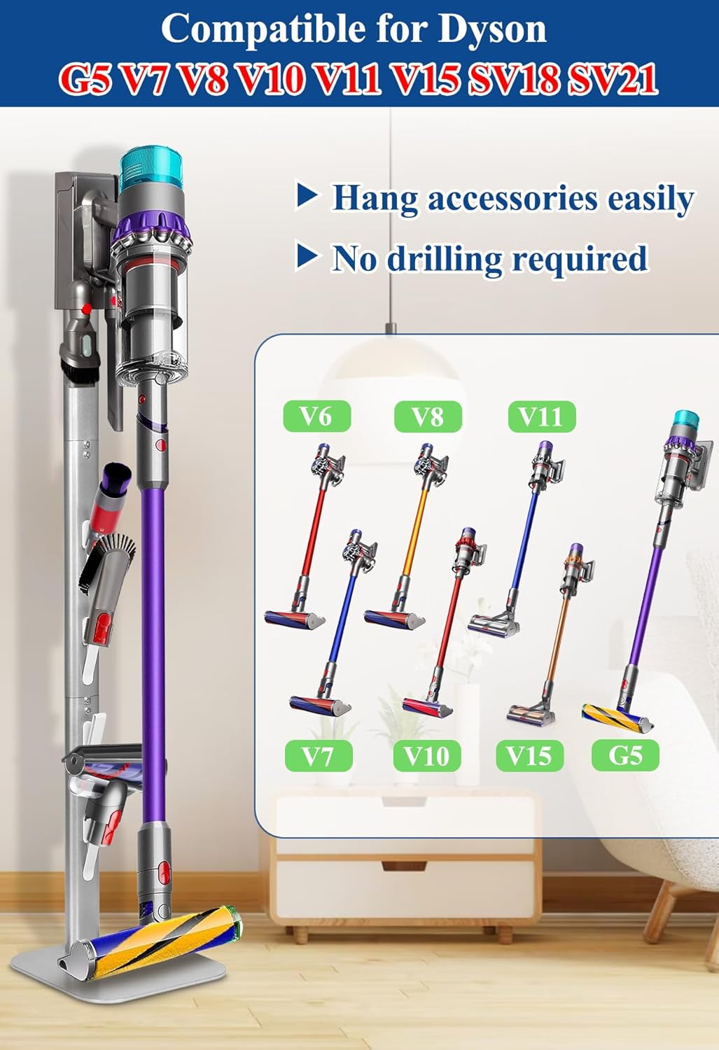 Dyson Vacuum Stand & Holder for Gen5 V15 V12 V11 V10 V8 V7 V6 - Metal Storage Bracket with Hidden Cord Design