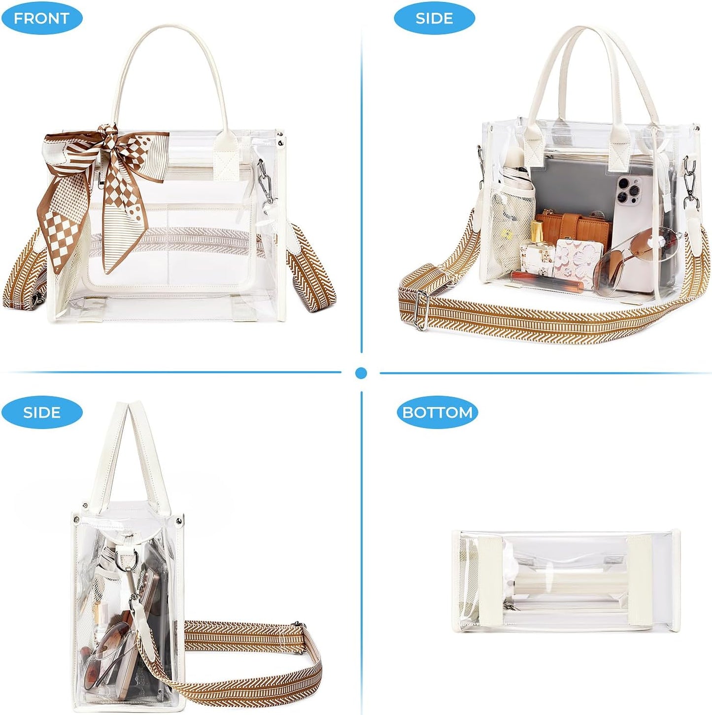 Skiennix Clear Tote Bag - Transparent Stadium Purse for Women | Thick PVC with Guitar Strap