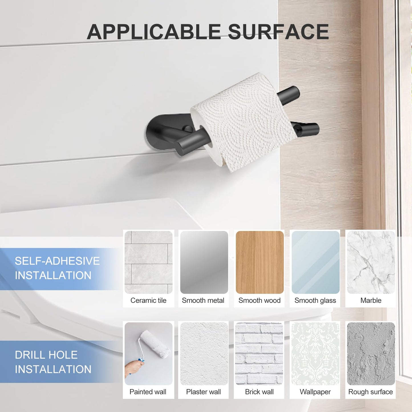 SetSail Toilet Paper Holder Adhesive or Screw-in Matte Black Bathroom Toilet Paper Roll Holders Wall Mount Stainless Steel Tissue Holder for Bathroom Hardware Accessories