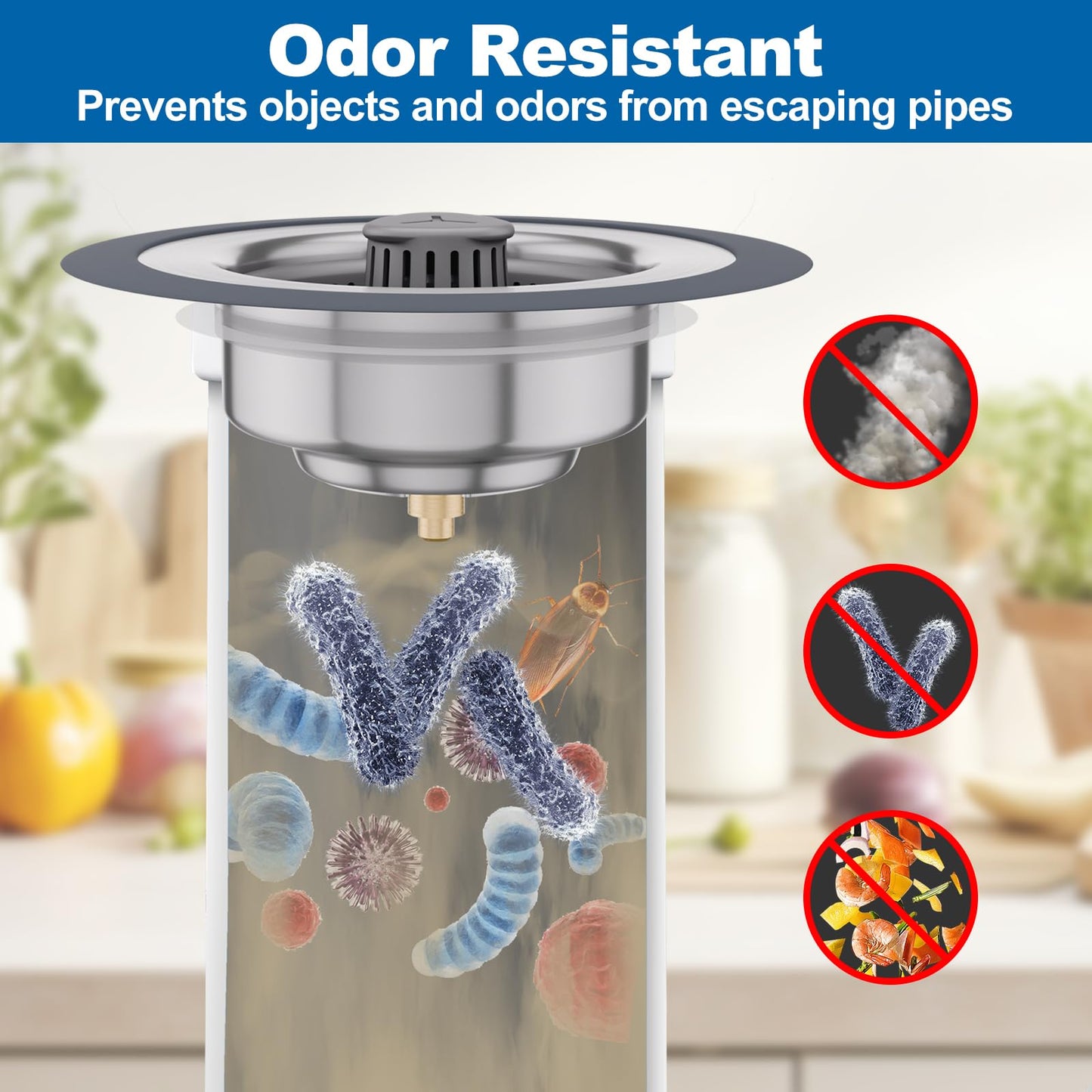 Auspok 3 in 1 Universal Kitchen Sink Drain Strainer Stopper–304 Stainless Steel & Silicone Anti-Clog Basket,3-Layer Leak-Proof Ring for 3.5”US Standard Drains,Easy-Clean,Odor Isolation,No Installation