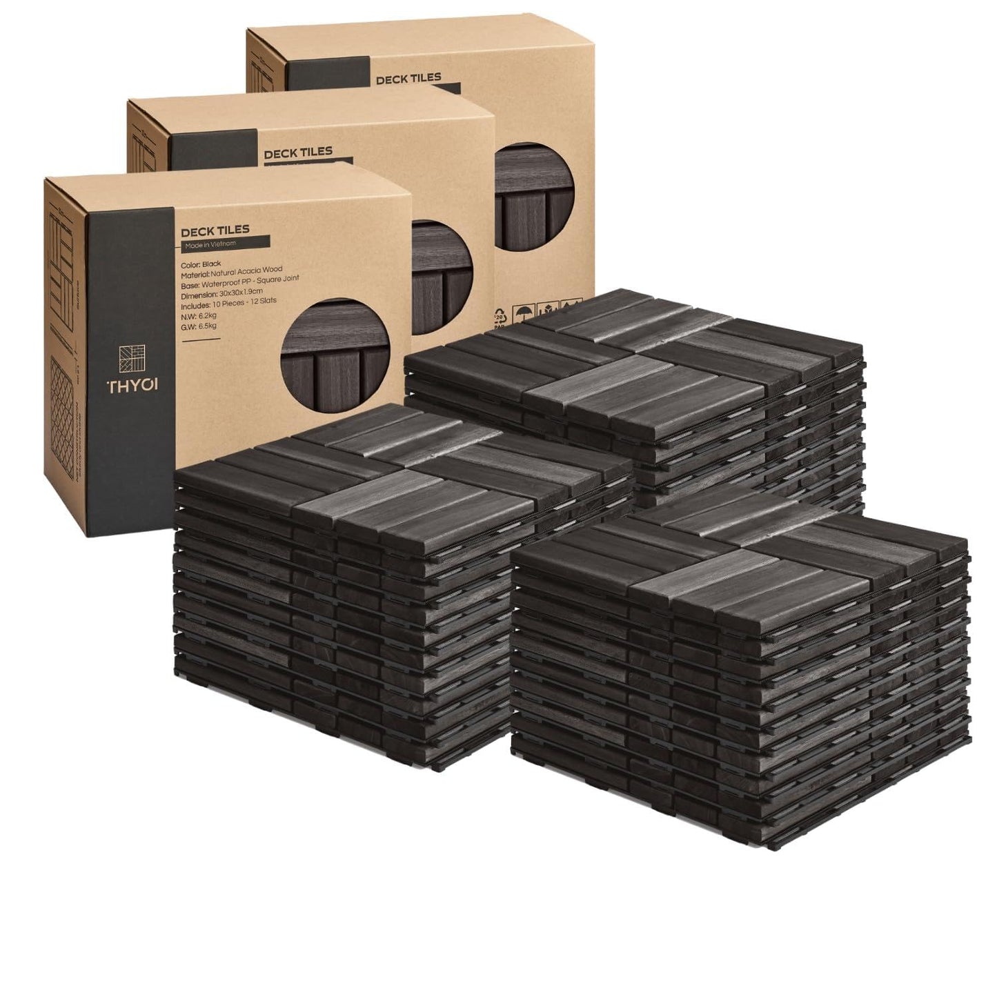 Outdoor Waterproof Acacia Wood Deck Tiles - 10 Pcs Patio Flooring for All Weather Use