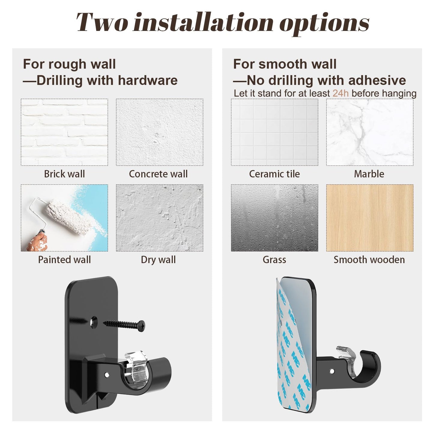 Curtain Rods No Drilling for Windows 36 to 48 Inch, 5/8 Inch Telescoping Adjustable Black Curtain Rod with Adhesive Holders, Renter Friendly for Bedroom Kitchen Apartment(36"-48")