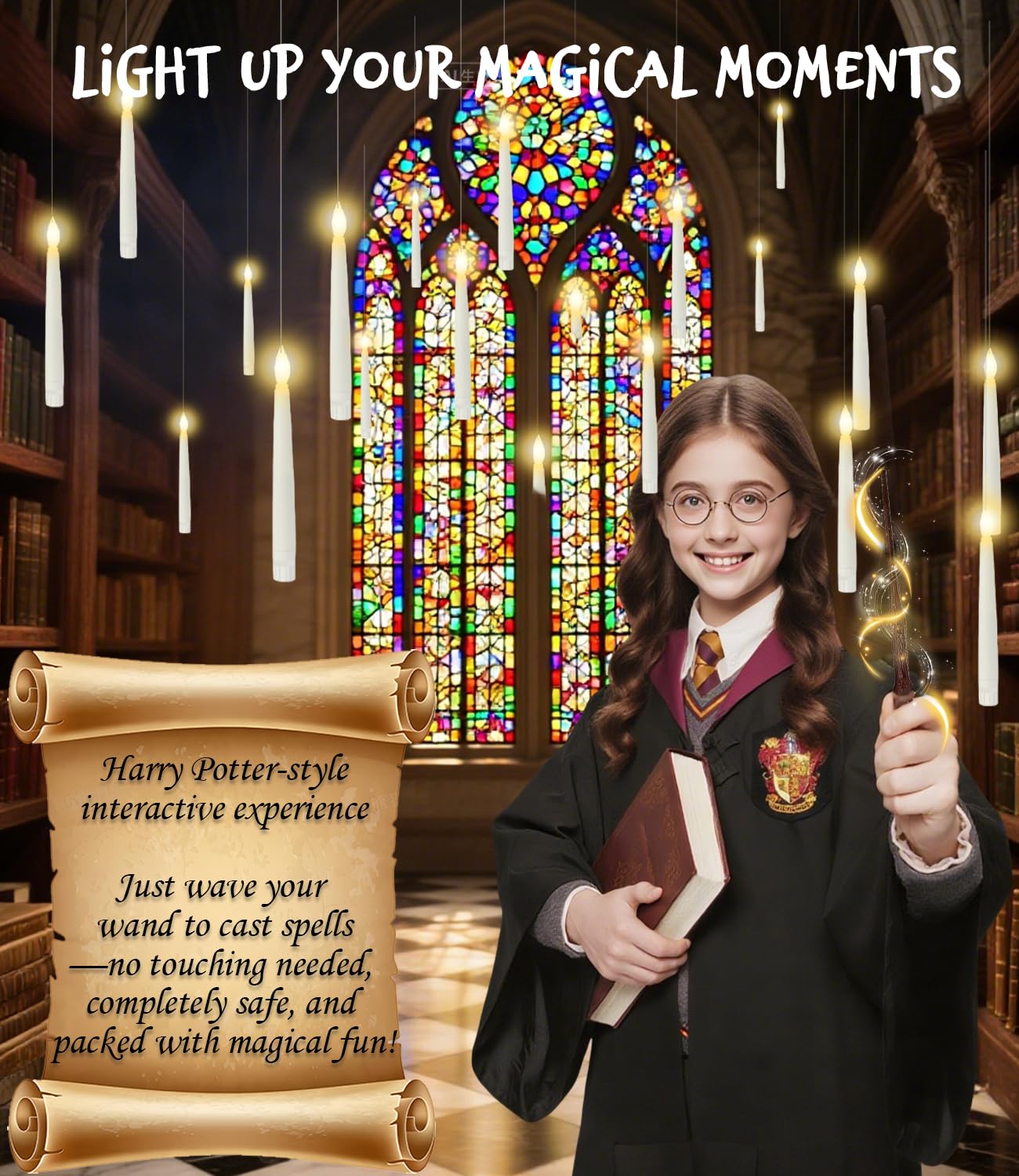 Halloween Decor 12 PCs Hanging Floating Candles with Magic Wand Remote (Include 13 Built-in Battery) Flickering Warm Light Led Candles for Indoor Window Classroom Bedroom Party Christmas Birthday Gift