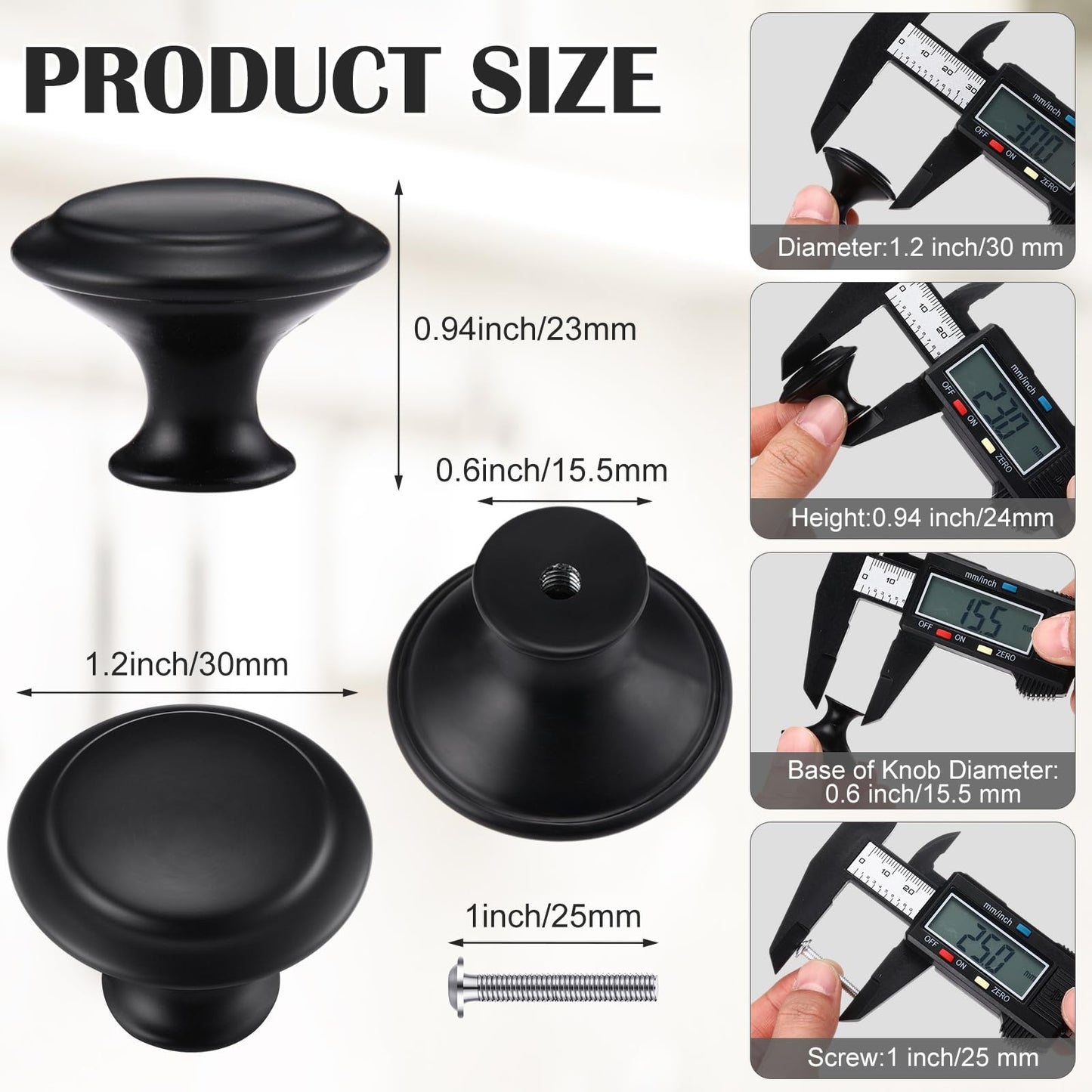 Ripeng 24 Pieces Round Kitchen Cabinet Door Knobs Black 1.2 Inch Cupboard Knob Solid Kitchen Drawer Pulls Cabinet Door Cupboard Hardware Dresser Handles with Screws for Dresser Drawer (1.2 Inch)