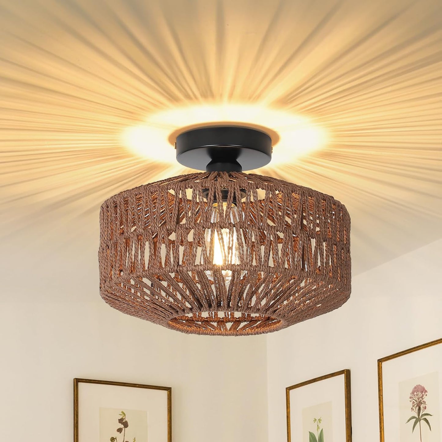 Boho Rattan Chandelier Ceiling Light Fixture with Dimmable LED Bulb - Hand Woven Flush Mount for Hallway, Bedroom, Kitchen & Living Room