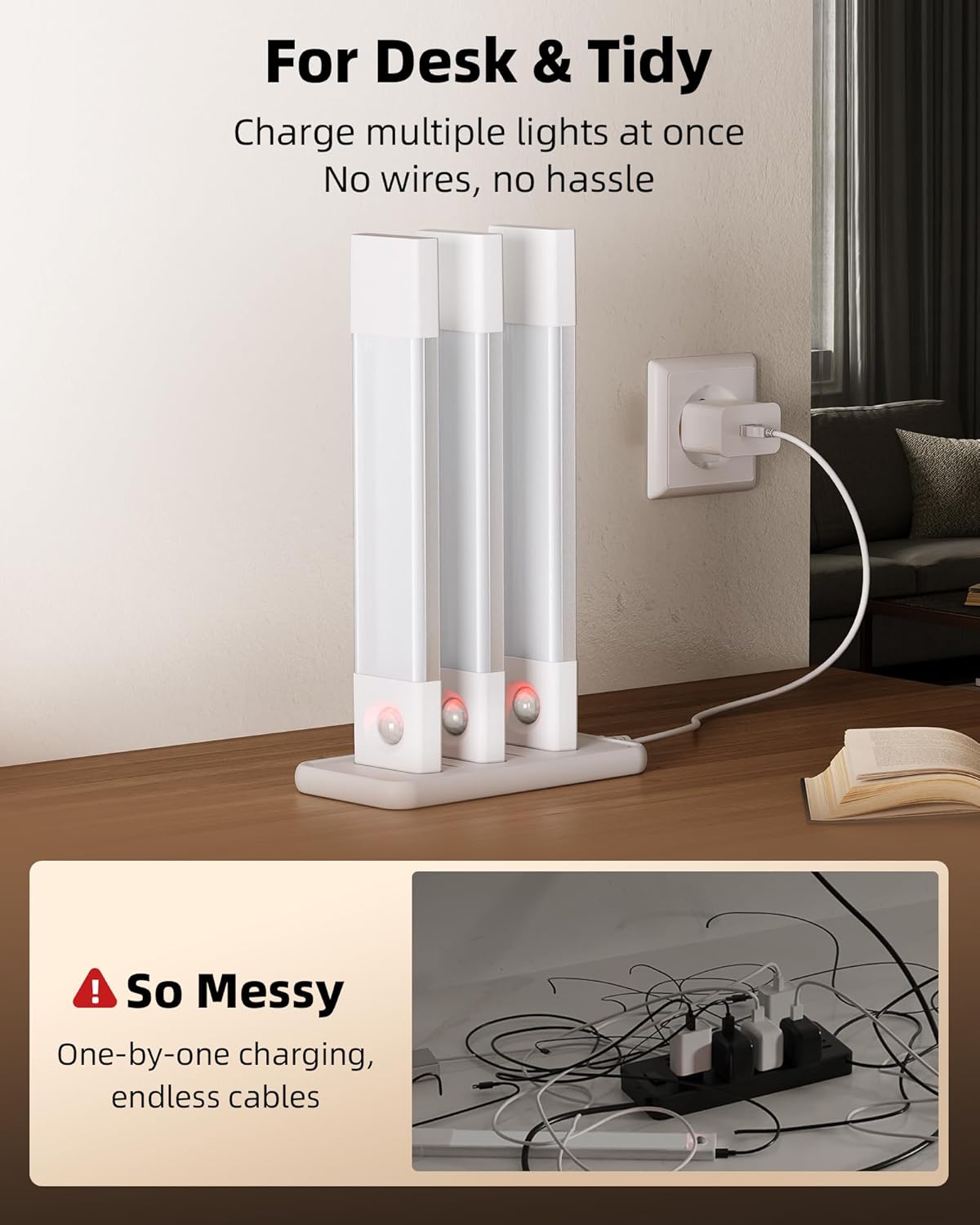 Rechargeable LED Under Cabinet Lighting - 6 Pack Motion Sensor Lights with Charging Station, 3 Color Dimmable for Kitchen & Stair