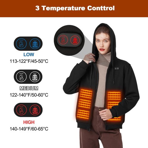 Qdreclod Heated Hoodie for Men Women with Battery Pack 7.4V 12000mAh, Hooded Heated Sweatshirts with 6 Heating Zones (US, Alpha, XXX-Large, Regular, Regular, Bright black)