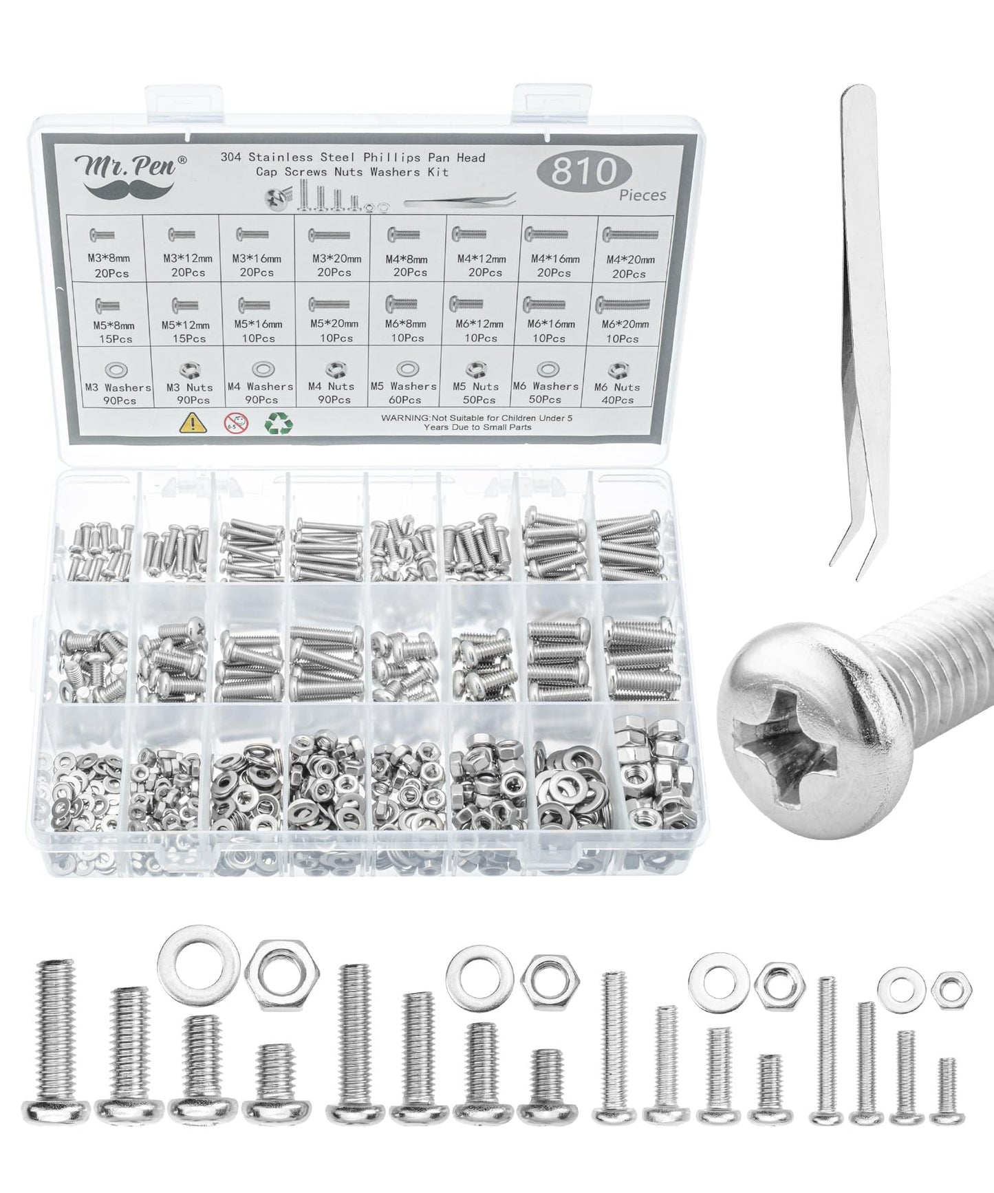 Mr. Pen- Nuts and Bolts Assortment Kit, 810 pcs, Stainless Steel M3 M4 M5 M6 Phillips Pan Head Assorted Nuts and Bolts, Machine Screw Assortment Kit with Clear Storage Box