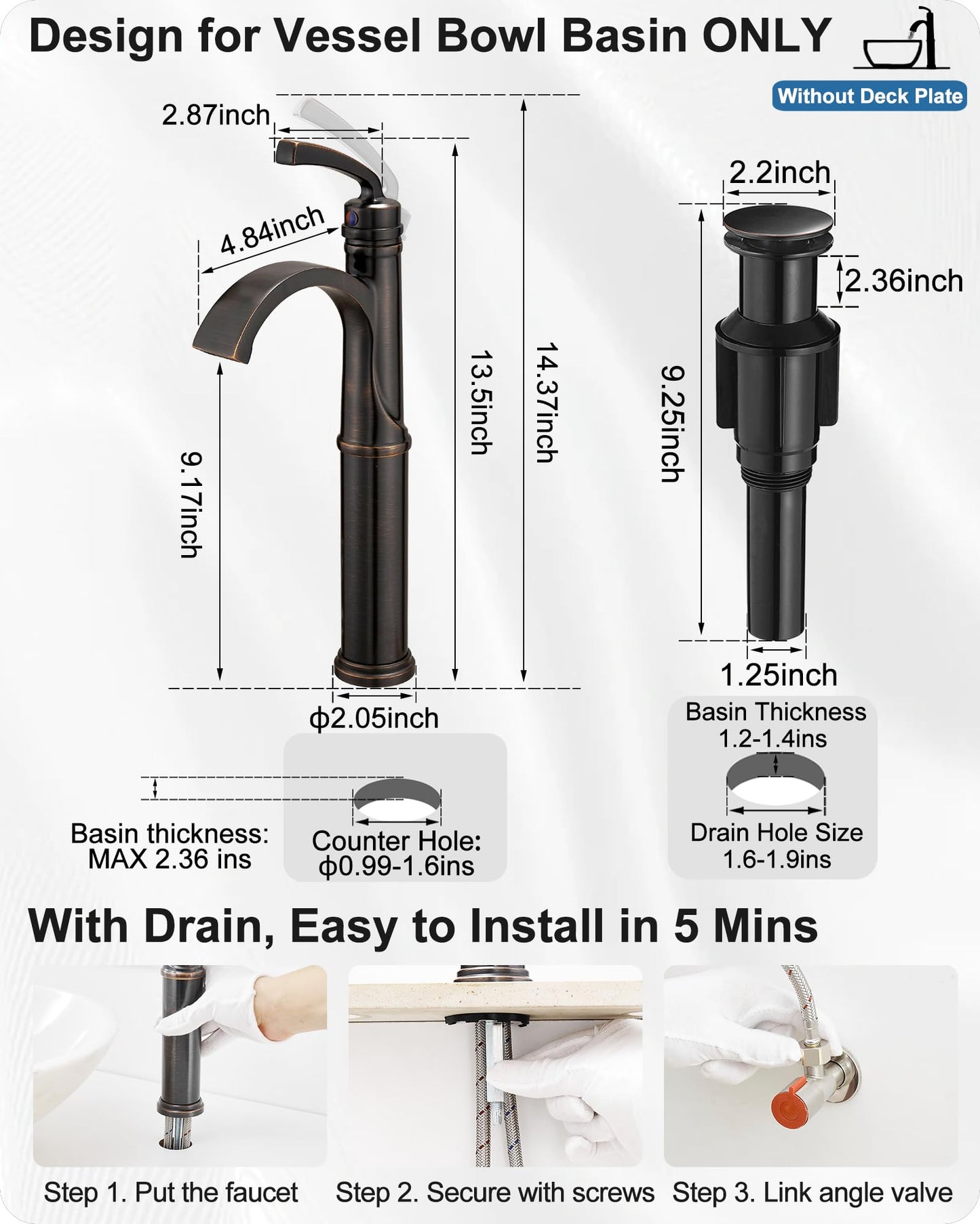 HEYMYTAP Vessel Sink Faucet, Oil Rubbed Bronze Waterfall Bathroom Sink Faucets, Brass Tall Bathroom Faucet Vanity Faucet 1 Hole Restroom Faucet Single Handle with Pop-up Drain Supply Hose