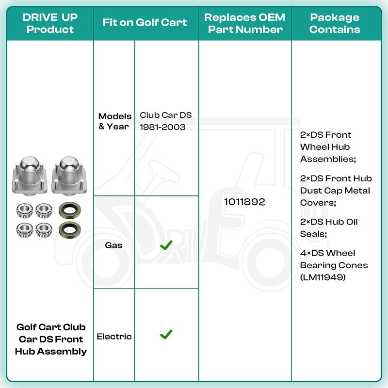 DRIVE UP Club Car DS Front Hub Assembly, Golf Cart Front Wheel Hub with Bearings Seals Kit for Club Car DS 1981-2003 Gas and Electric Golf Carts, OEM 1011892