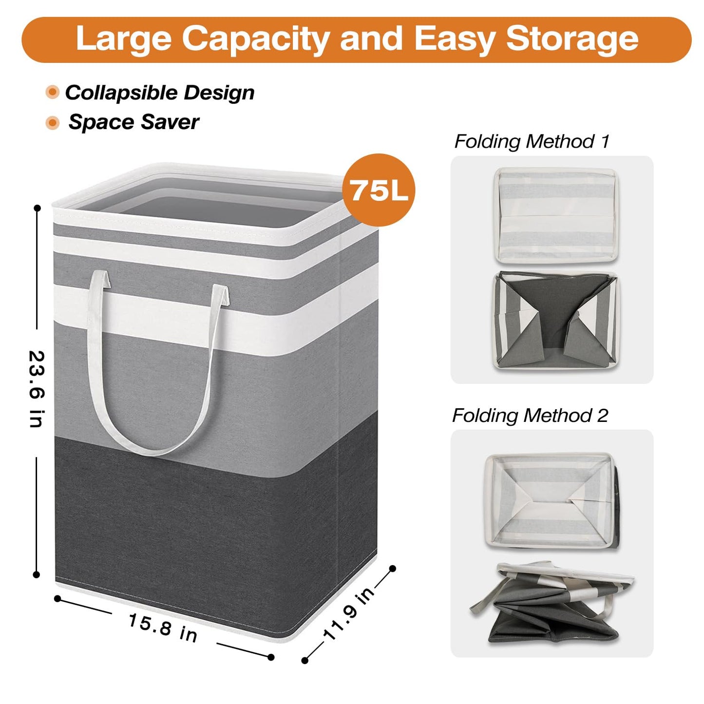 TINGHONG 1-Pack Large Collapsible Laundry Baskets - 75L Freestanding Waterproof Hampers with Reinforced Handles for Clothes, Toys, and More - Ideal for Dorms and Family Use (Gradient Grey)
