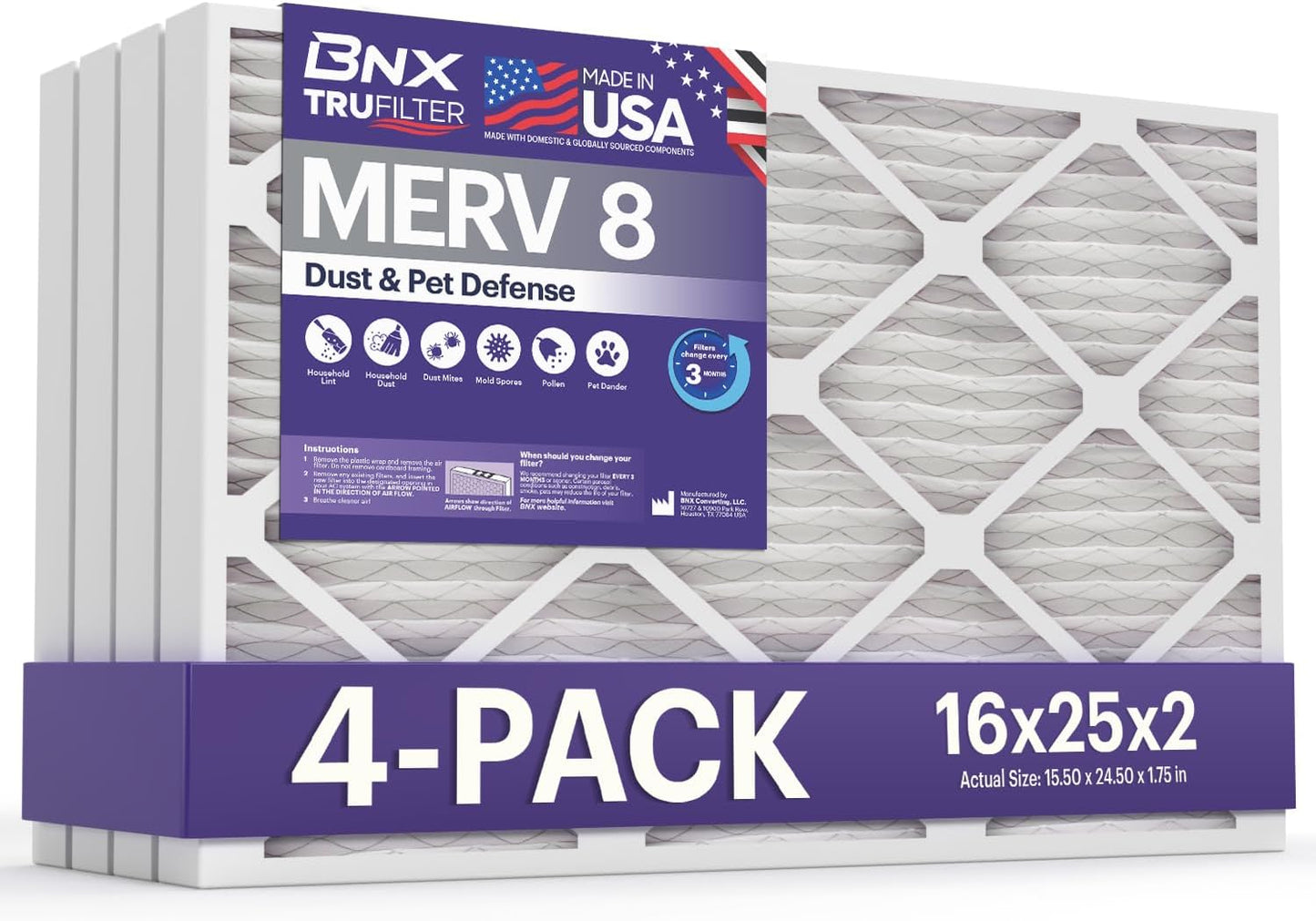 BNX TruFilter 12x12x1 MERV 8 Air Filters (6-Pack) - USA-Made Dust & Pet Defense for HVAC