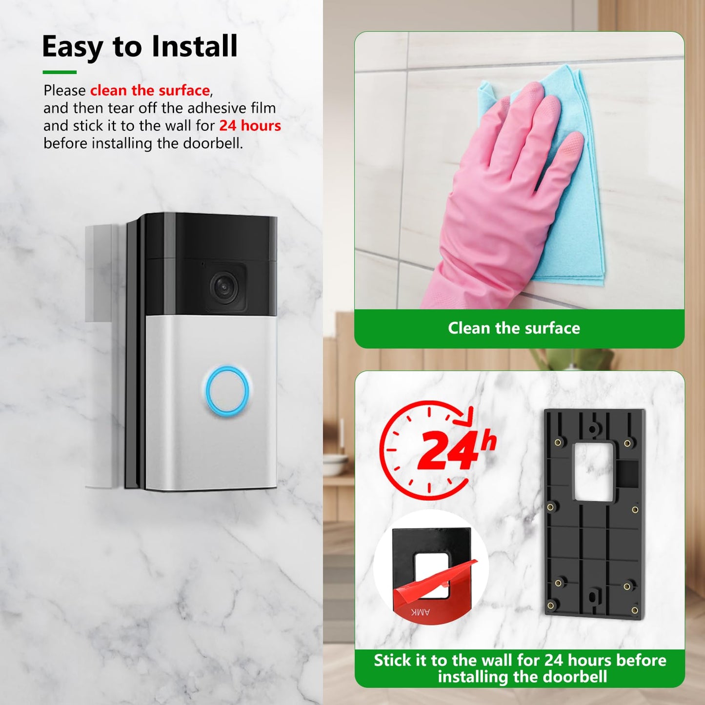 No Drill Doorbell Mount Compatible with Ring Battery Doorbell Plus/Pro/1/2/3/3 Plus/4/(2020 Release), Doorbell Holder Accessories for Houses Apartment Door with A Spare Adhesive