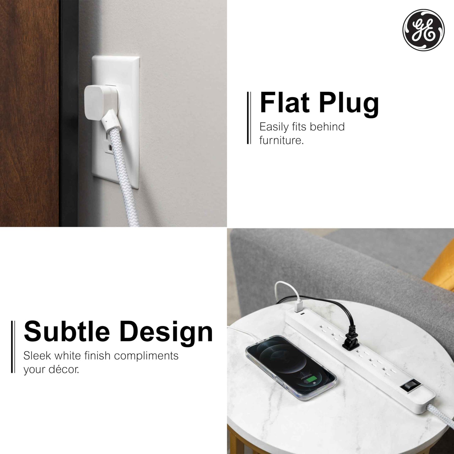 GE 6-Outlet Power Strip with USB, 1 USB-A & 1 USB-C, Outlet Extender, 6 Ft Braided Extension Cord, Flat Plug, Charging Station, White, 82594