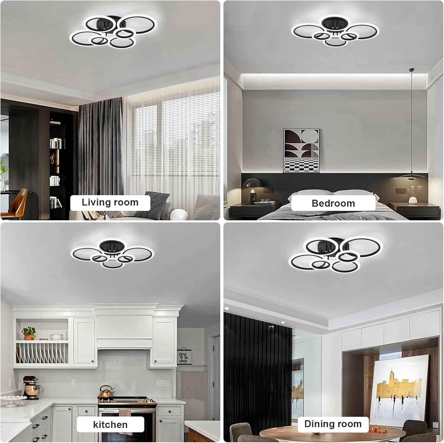 Modern LED Flush Mount Ceiling Light - 4 Rings 4000K Fixture for Kitchen & Living Room