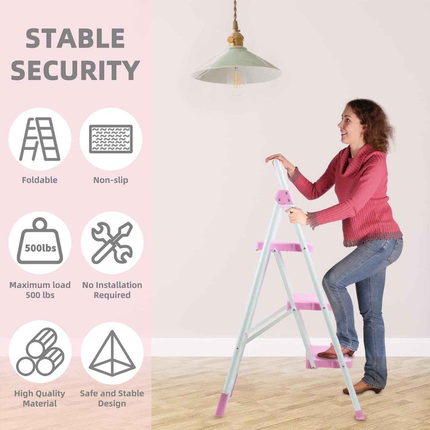 Portable 3-Step Folding Ladder - Sturdy Steel Step Stool with Anti-Slip Pedal & Handgrip, 500lbs Capacity for Home & Office