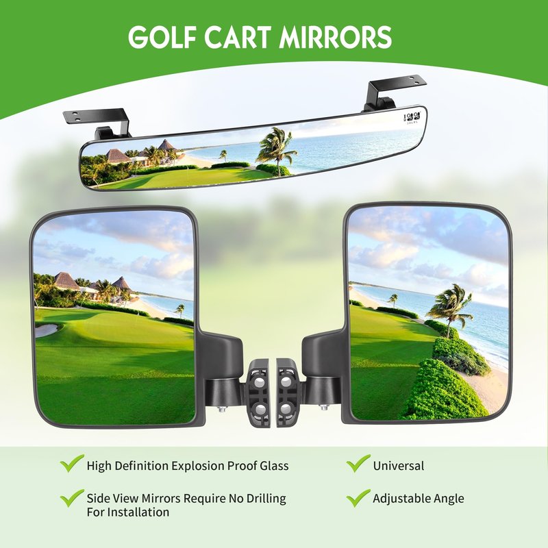 10L0L Golf Cart No-Drill Folding Side Mirrors + Easy-Drill Rear View Mirror, 170° Wide Angle, Universal for Yamaha EZGO Club Car, Shatterproof Stainless Steel