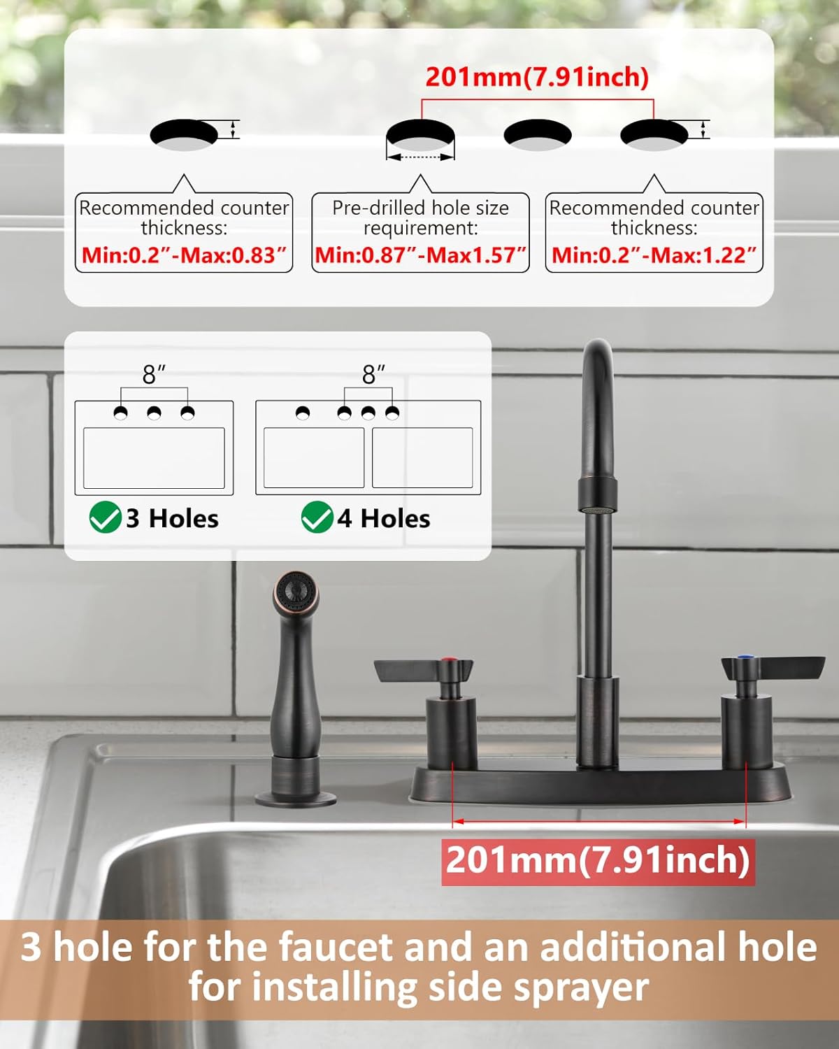 Brushed Nickel Kitchen Faucet with Sprayer - 2 Handle 8-Inch Centerset 3 Hole