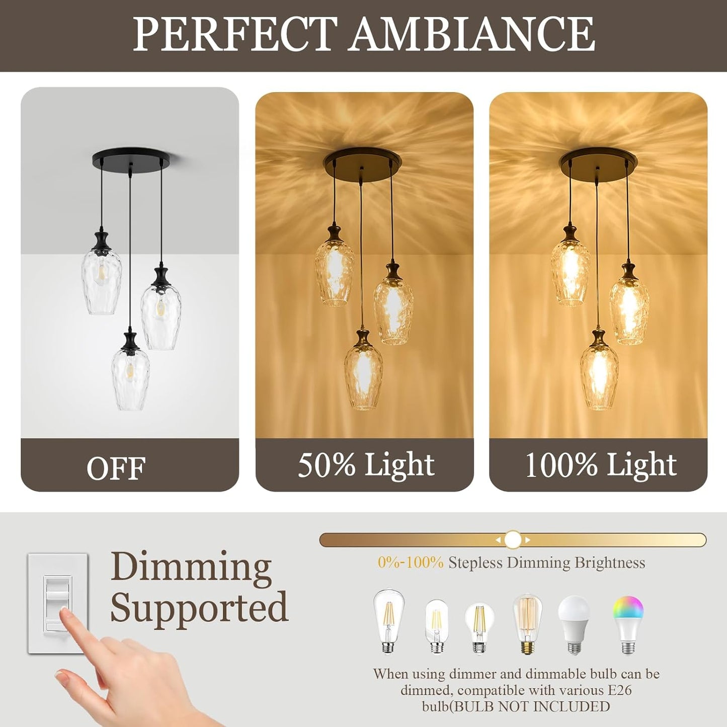 Brushed Nickel Glass Pendant Light Fixture - Modern 1-Light Hanging Lamp for Kitchen Island & Dining Room