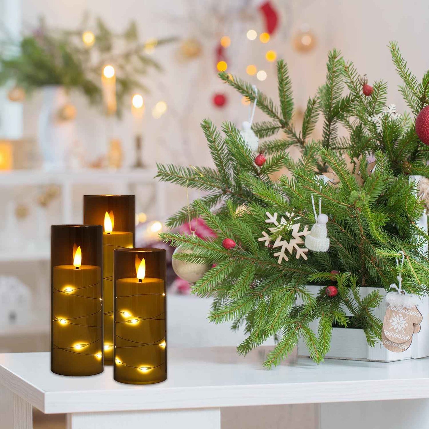 Flameless Candles Flickering LED Lights 7 PCS Battery Operated Candles with Remote & Timer, with Embedded Star String Lights for Home Decoration Wedding Festival Cafe Restaurant (Grey)