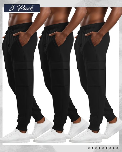 August Alley 3 Pack Men's Cargo Sweatpants Relaxed Fit Drawstring Elastic Waist Joggers Active Tapered Pants with Pockets(Black,Large)