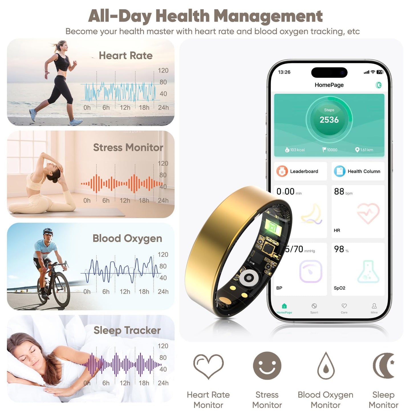 Othelia Smart Ring for Women Men with Sleep Monitoring, Step Counting, Heart Rate, Blood Oxygen, IP68 Waterproof for iPhone and Android, No Subscription Fee (Gold, 10)