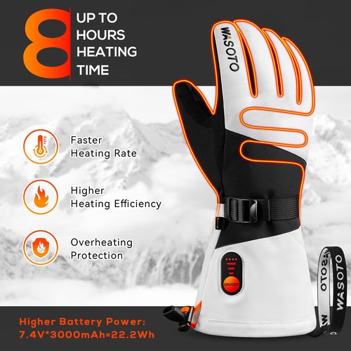 Heated Gloves for Men Women 7.4V Battery 22.2Wh Rechargeable Touchscreen Waterproof Electric Heated Gloves for Winter Outdoor Work Skiing Hiking Camping(White,XL)