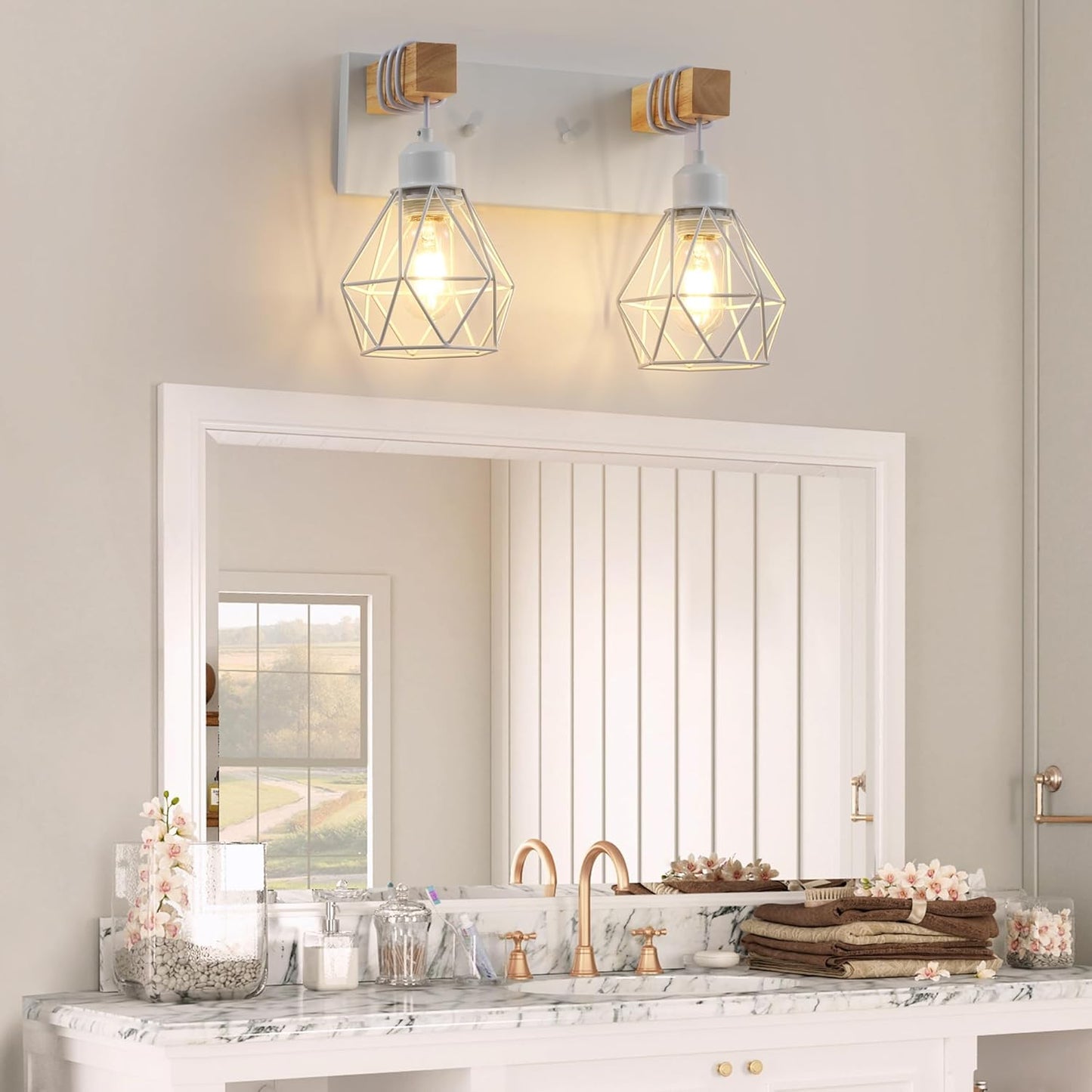 Farmhouse 3-Light Bathroom Vanity Light Fixture - Rustic White Wood Sconces for Mirror