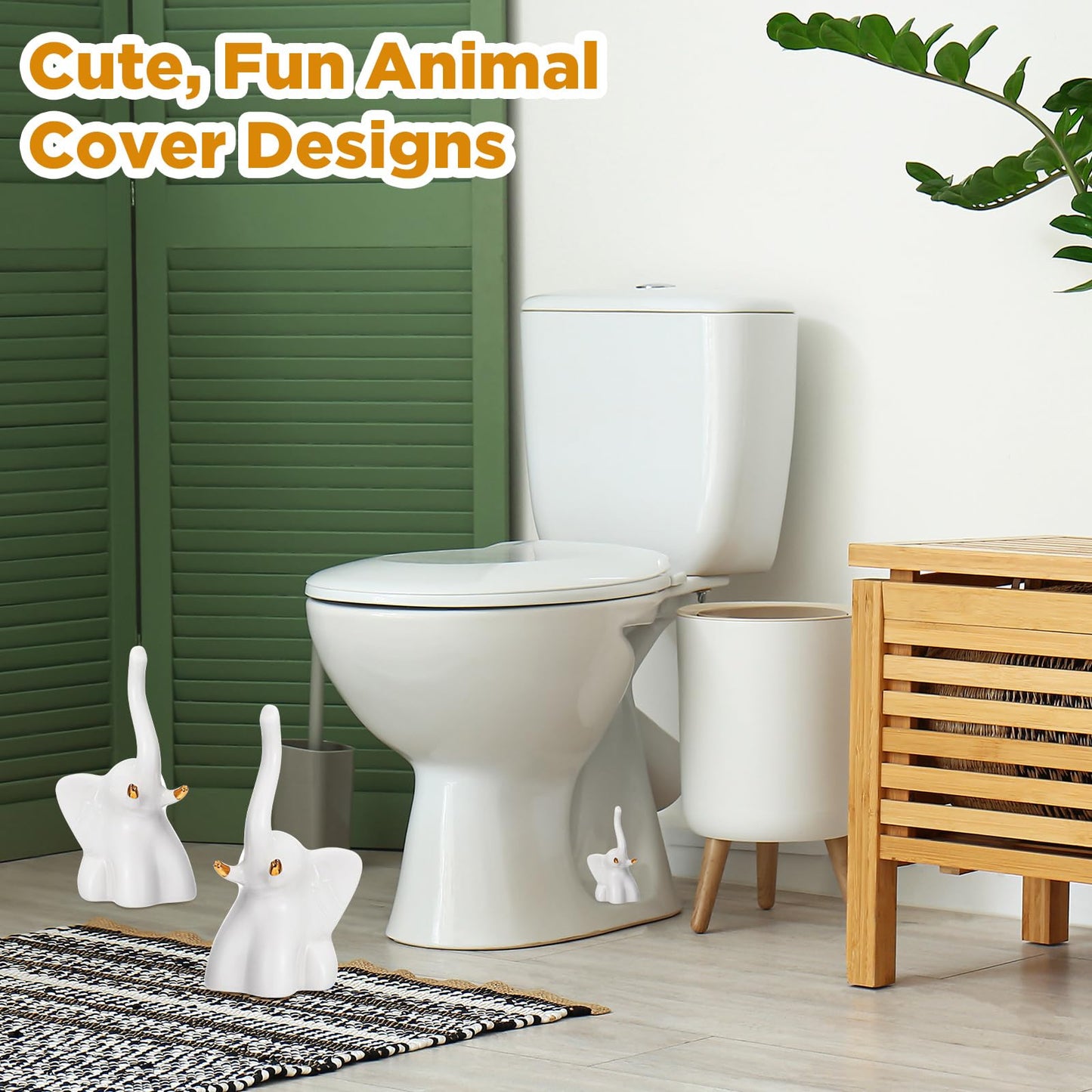 FillTouch 2 Pcs Toilet Bolt Caps, Ceramic Toilet Bolt Covers Decorative Cute Animals Home Bathroom Decor for Easy installation Avoid Rusting(White,Elephant)