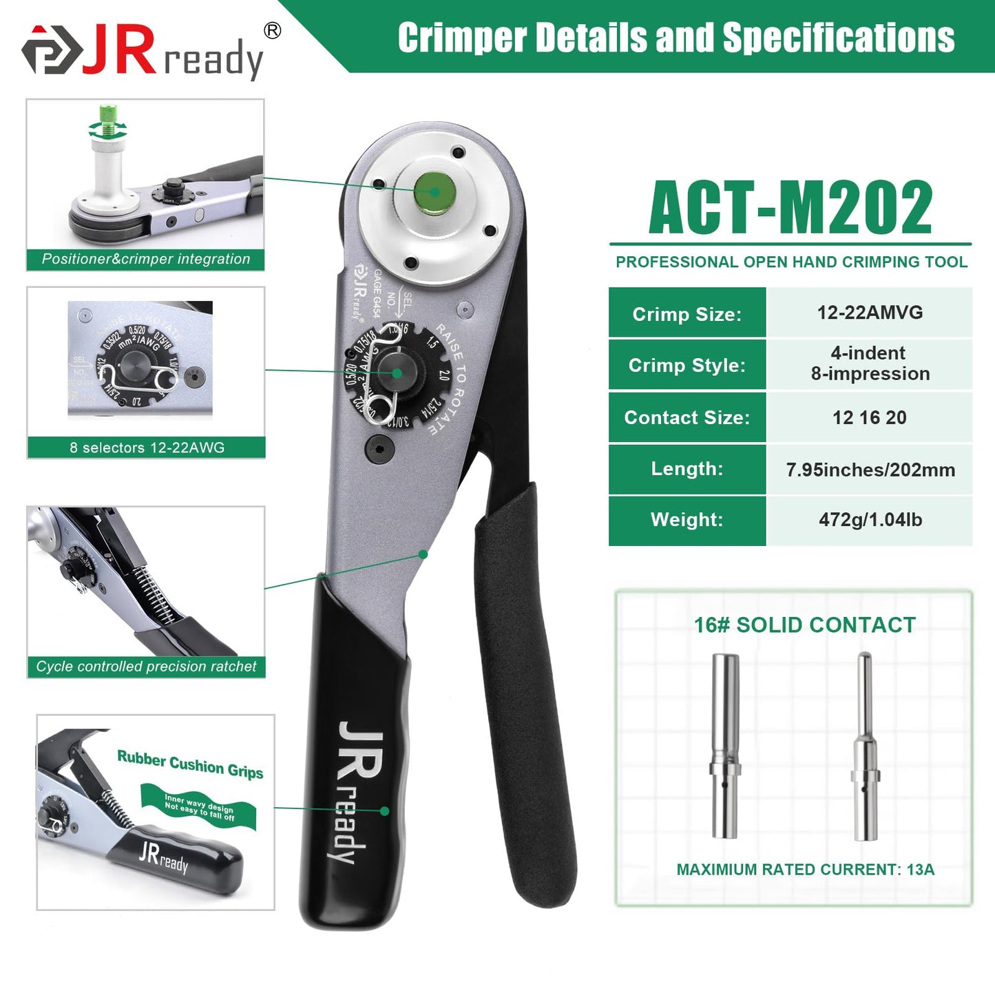 JRready DW5010 Deutsch Connector Kit, 2 3 4 6 8 12 Pin IP68 Waterproof DT Connectors Kit with ACT-M202 Deutsch Crimp Tool for 12-22AWG, Size 16 Solid Contacts 16-20AWG and Pin Removal Tools