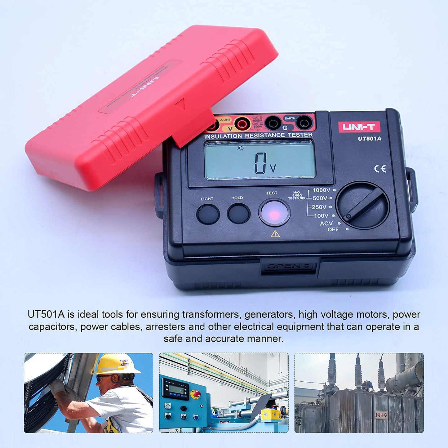 UNI-T 1000V Megohmmeter Insulation Megger Tester, Ground Resistance Tester Meter 0 Megohm to 5.5GΩ with AC 100V/250V/500V Testing Voltage & LCD Display Backlight(UT501A)