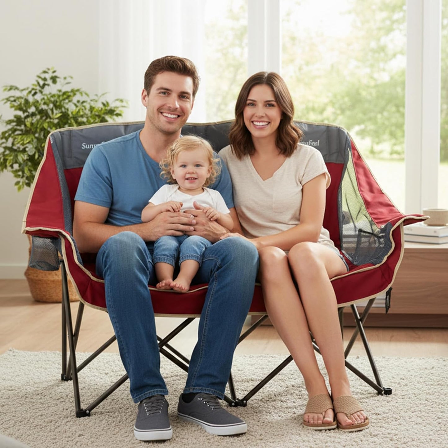 SUNNYFEEL Double Camping Chairs - Heavy Duty Padded Loveseat for 2 | Portable Oversized Couch with Cup Holder - Red
