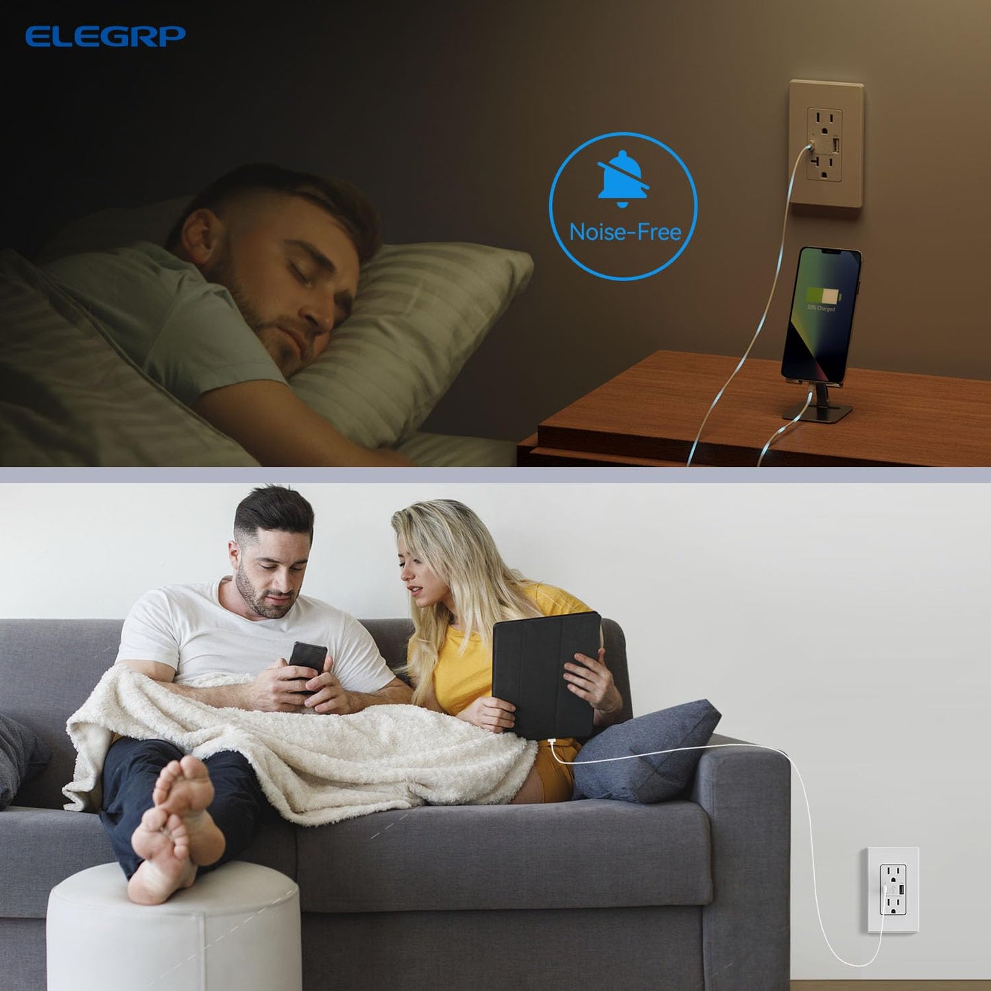 USB Wall Charger Outlet with A & C Ports - 15A Tamper Resistant, UL Listed, 6 Pack, Light Almond
