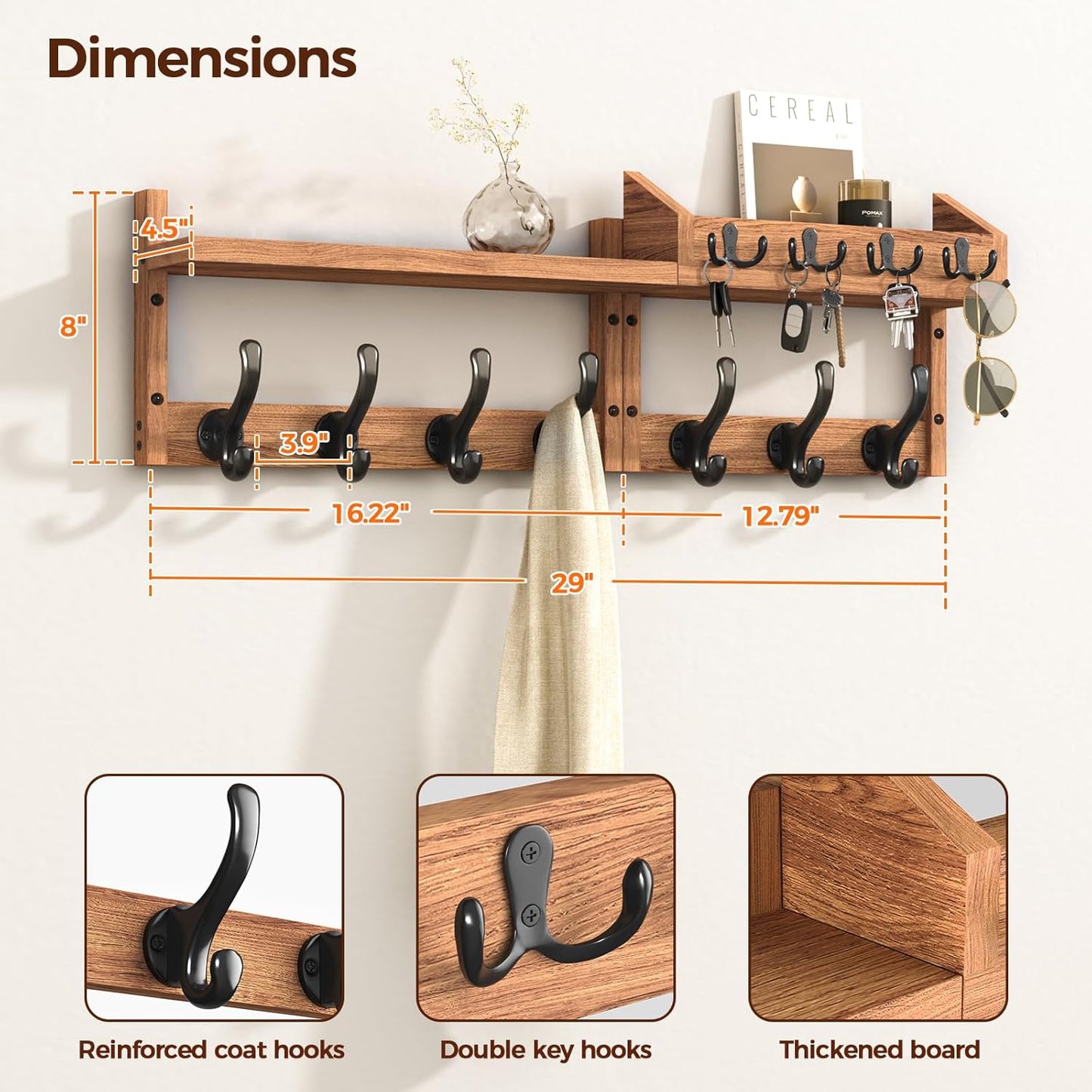 29" Wall-Mounted Coat Rack with Shelf & 11 Hooks - Entryway Key Holder & Mail Organizer