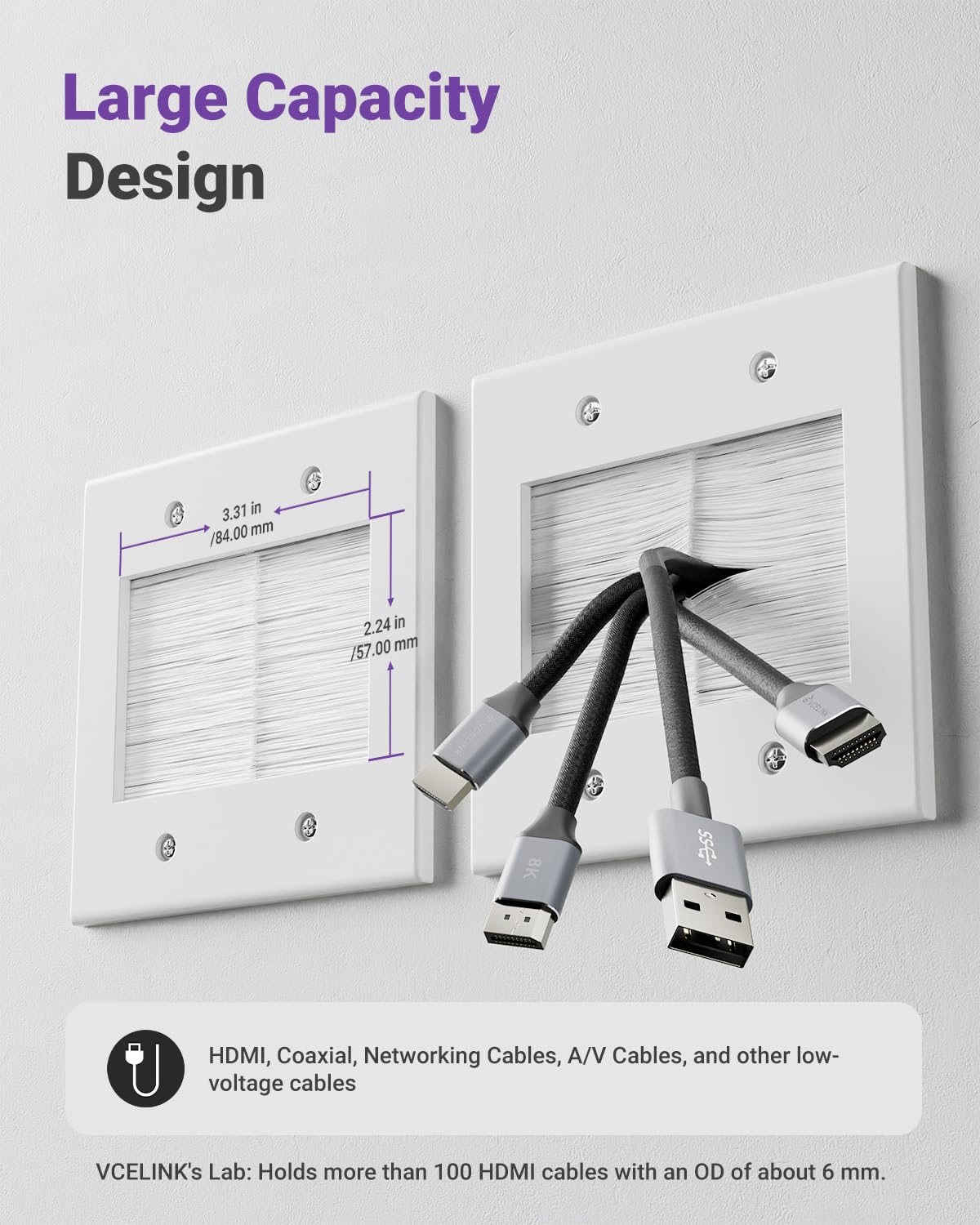 VCELINK Brush Wall Plate with Mounting Bracket, 2 Gang Pass Through Wire Hider for Cable Management, Ethernet Cables, HDMI Cables and Home Theater Systems, 2 Pair